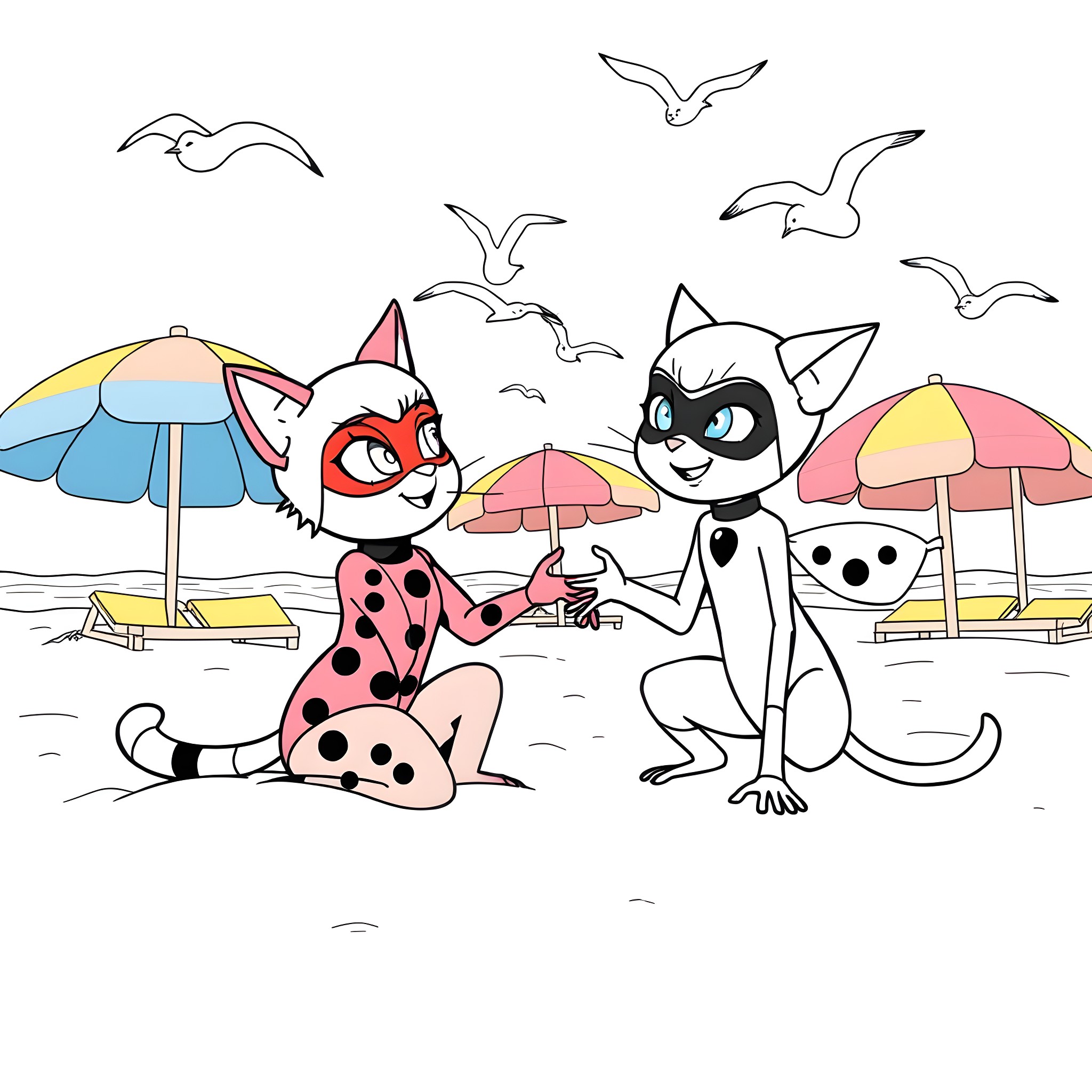 Cat Noir and Friends Enjoy Summer Beach Day Coloring Page (free black-and-white line drawing printable PDF for all, from beginners to advanced learners, including children, teens, adults, and seniors)