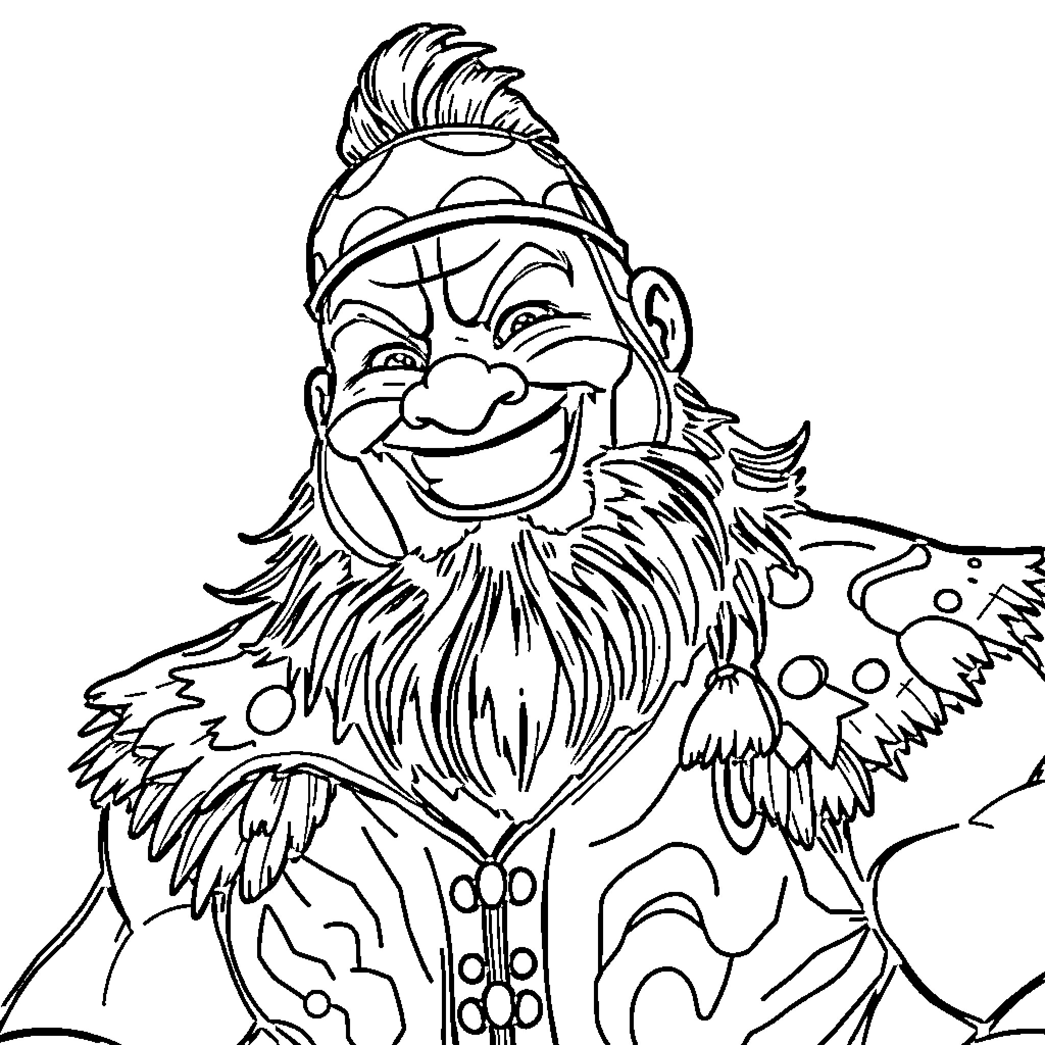 Grado the Comical Clown Coloring Page (free black-and-white line drawing printable PDF for all, from beginners to advanced learners, including children, teens, adults, and seniors)