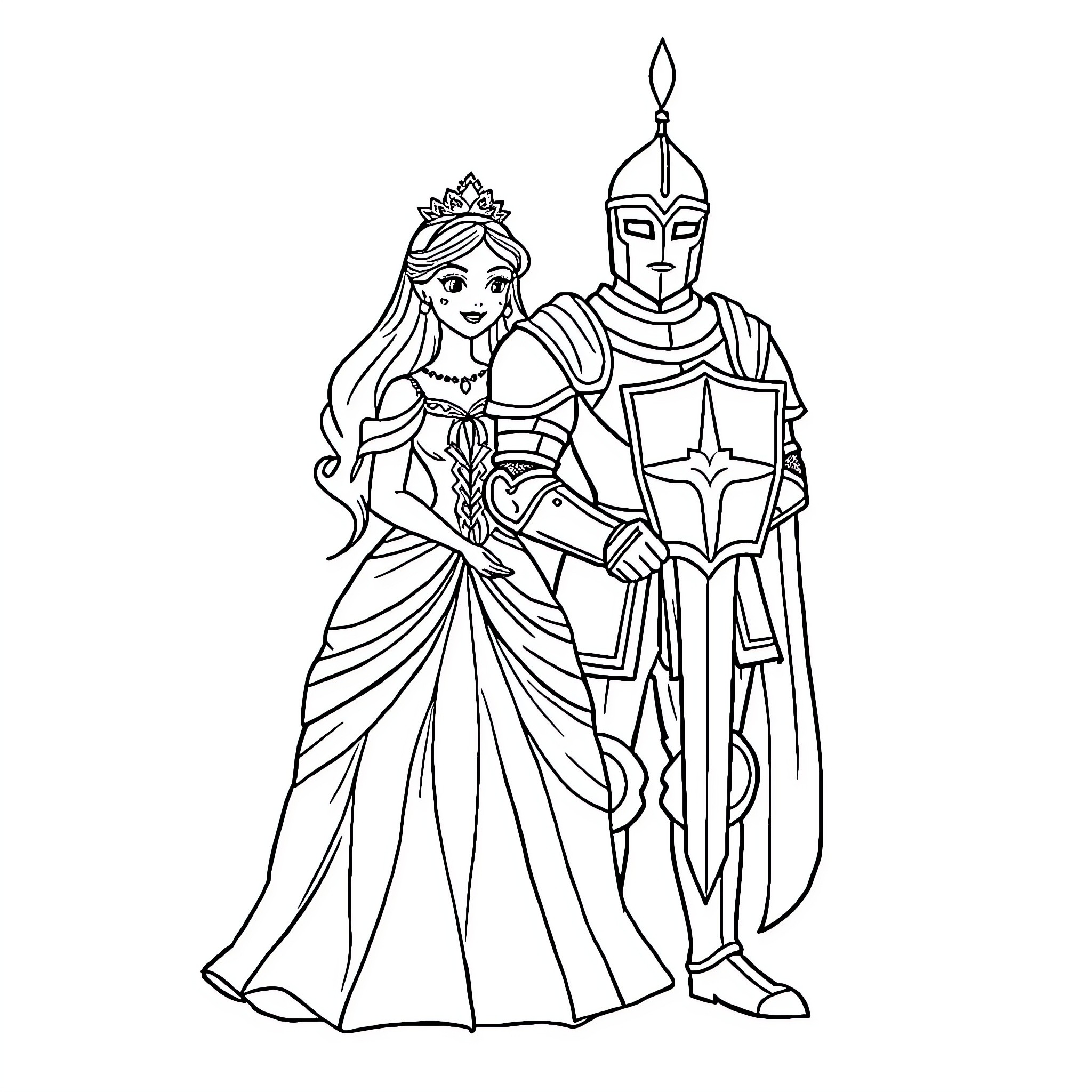 Princess and her knight in shining armor Coloring Page (free black-and-white line drawing printable PDF for all, from beginners to advanced learners, including children, teens, adults, and seniors)