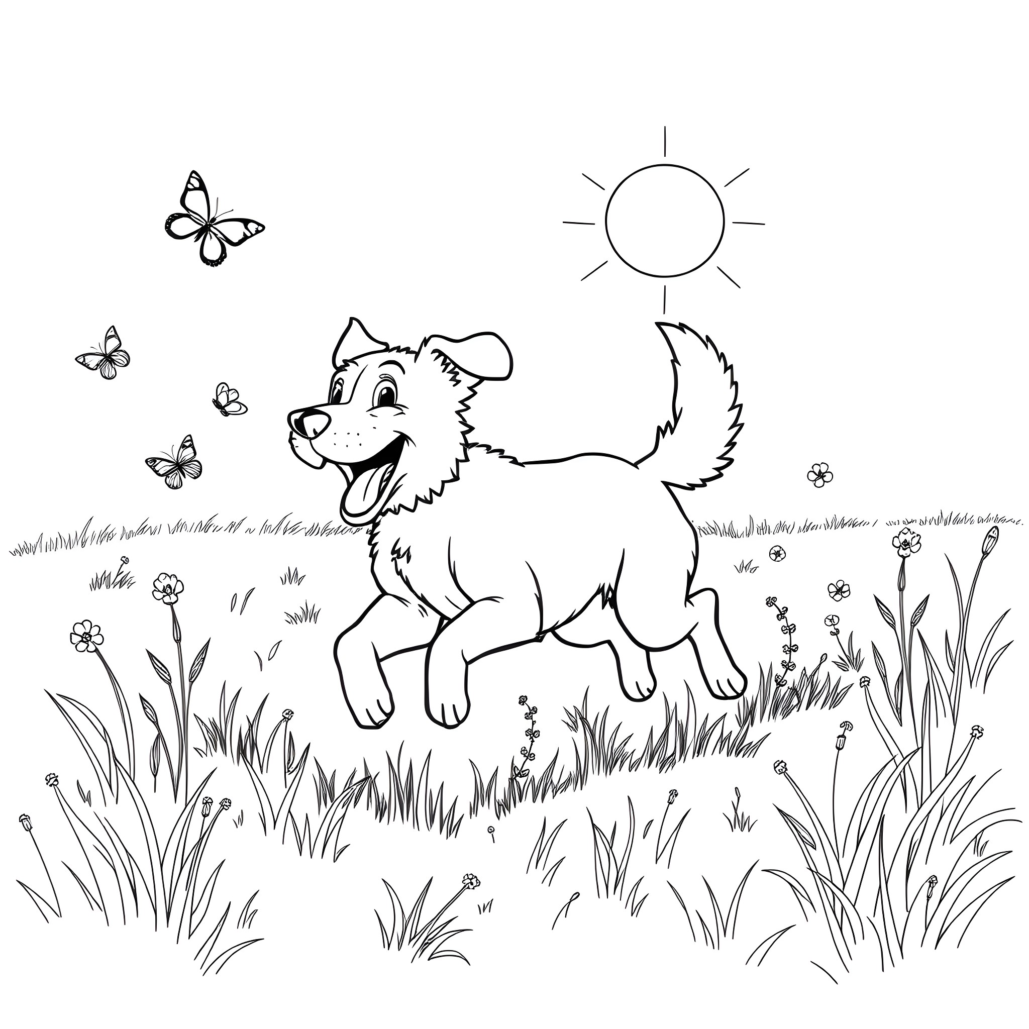Dog playing joyfully in nature Coloring Page (free black-and-white line drawing printable PDF for all, from beginners to advanced learners, including children, teens, adults, and seniors)