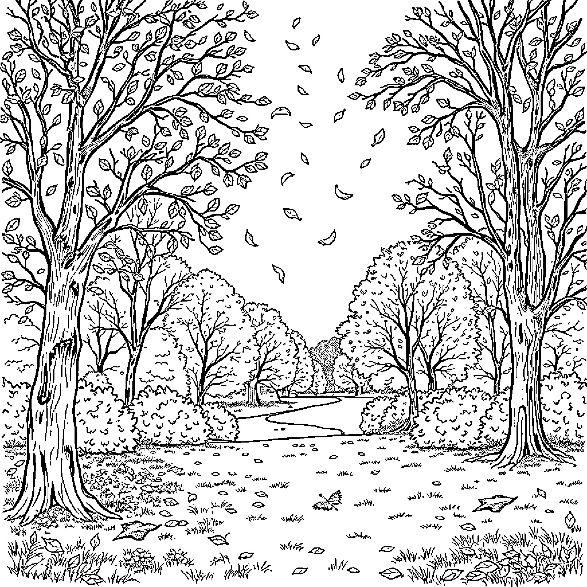 Fall Foliage Falling in Tranquil Forest Landscape Coloring Page (free black-and-white line drawing printable PDF for all, from beginners to advanced learners, including children, teens, adults, and seniors)