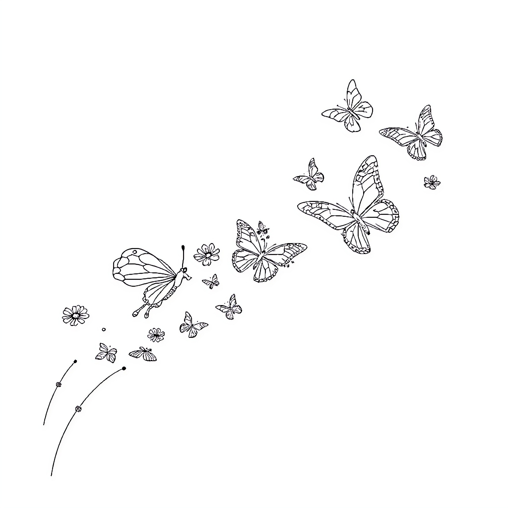 Butterflies dancing in the wind Coloring Page (free black-and-white line drawing printable PDF for all, from beginners to advanced learners, including children, teens, adults, and seniors)