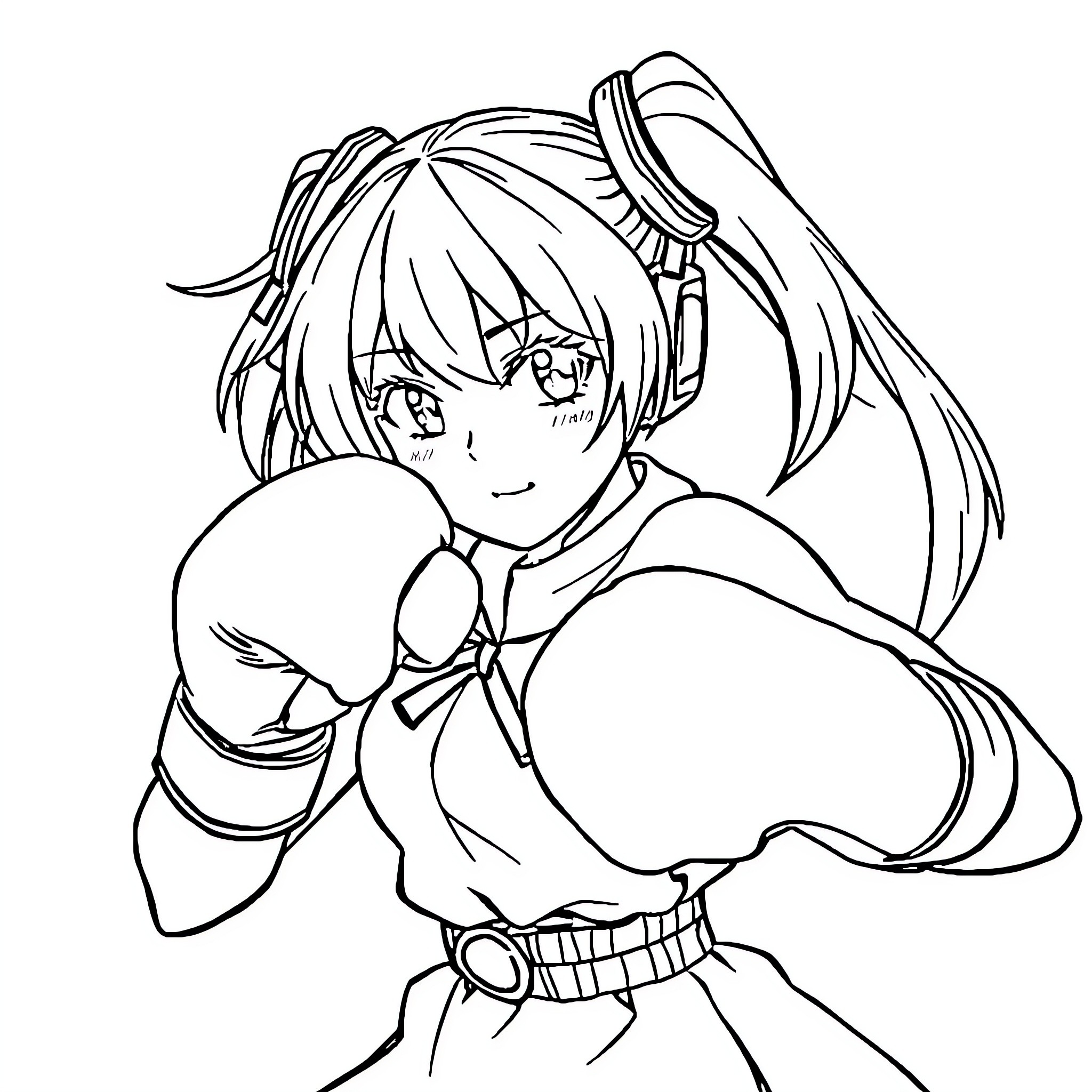 Miku singing with headphones on stage Coloring Page (free black-and-white line drawing printable PDF for all, from beginners to advanced learners, including children, teens, adults, and seniors)