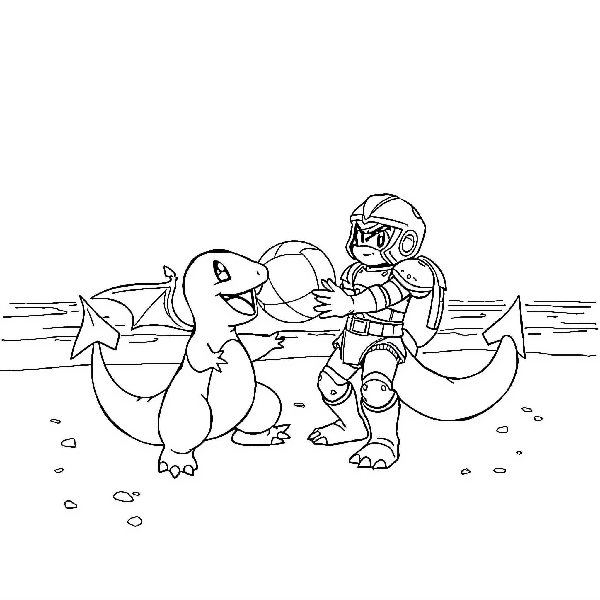 Master Chief interacting with a friendly creature Coloring Page (free black-and-white line drawing printable PDF for all, from beginners to advanced learners, including children, teens, adults, and seniors)