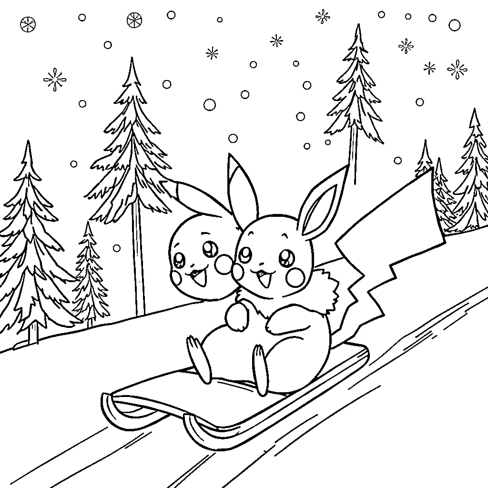 Pikachu sledding through a snowy forest Coloring Page (free black-and-white line drawing printable PDF for all, from beginners to advanced learners, including children, teens, adults, and seniors)