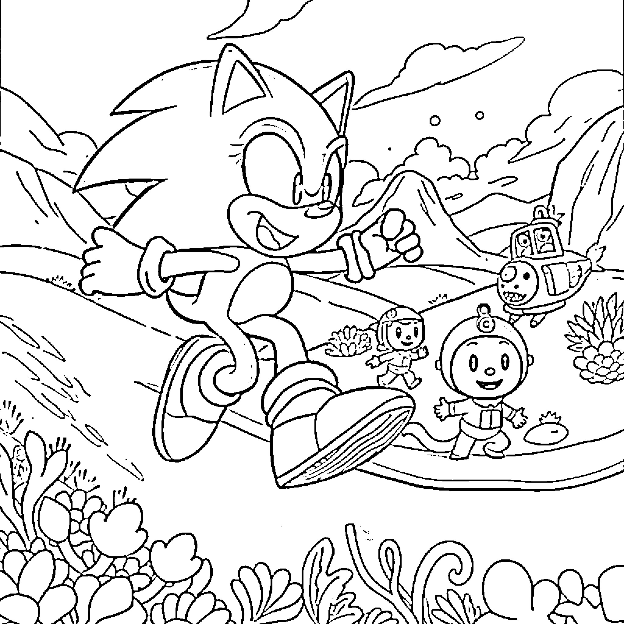 Sonic's Adventurous Exploration in the Vibrant Landscape Coloring Page (free black-and-white line drawing printable PDF for all, from beginners to advanced learners, including children, teens, adults, and seniors)