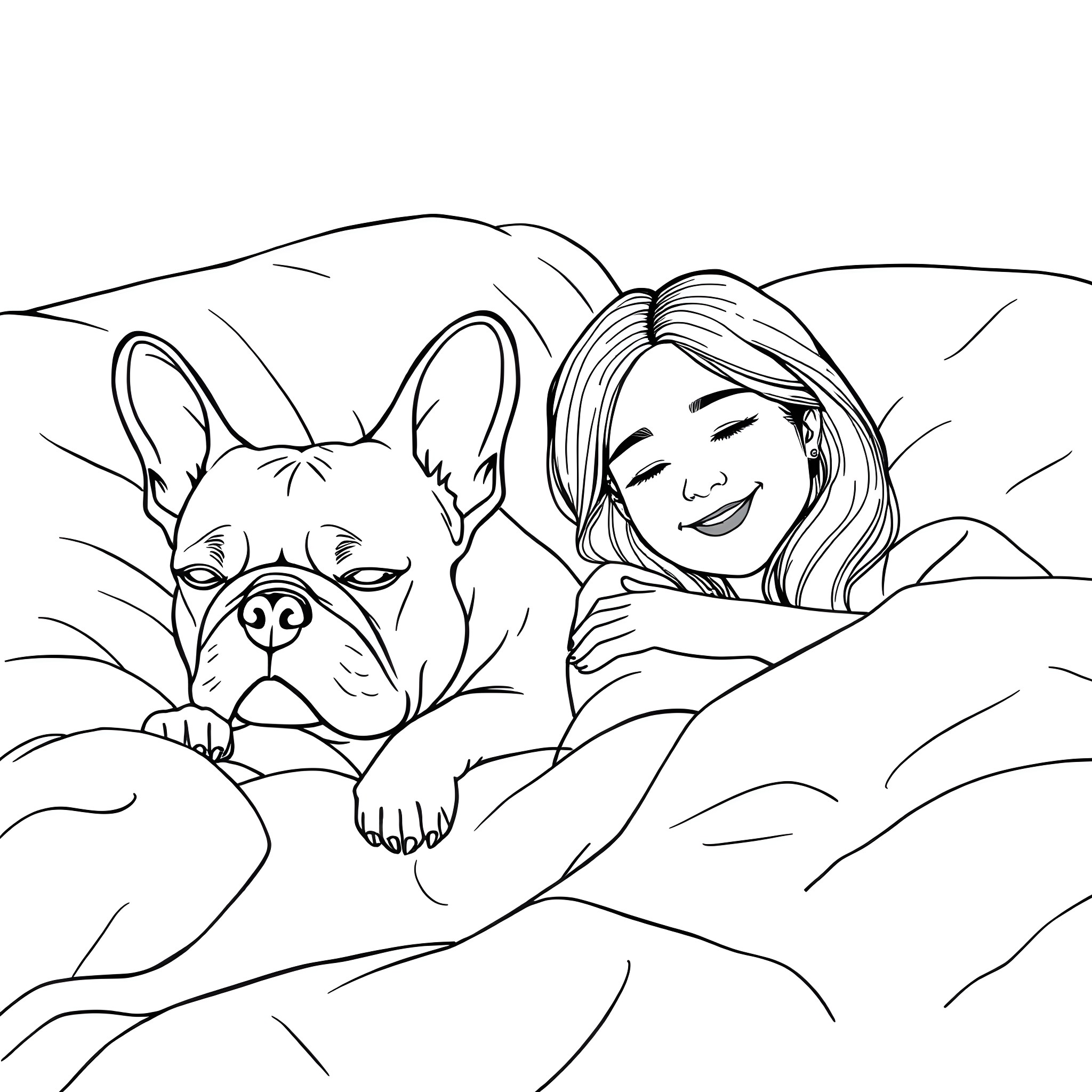 Frenchie snuggling with happy owner Coloring Page (free black-and-white line drawing printable PDF for all, from beginners to advanced learners, including children, teens, adults, and seniors)