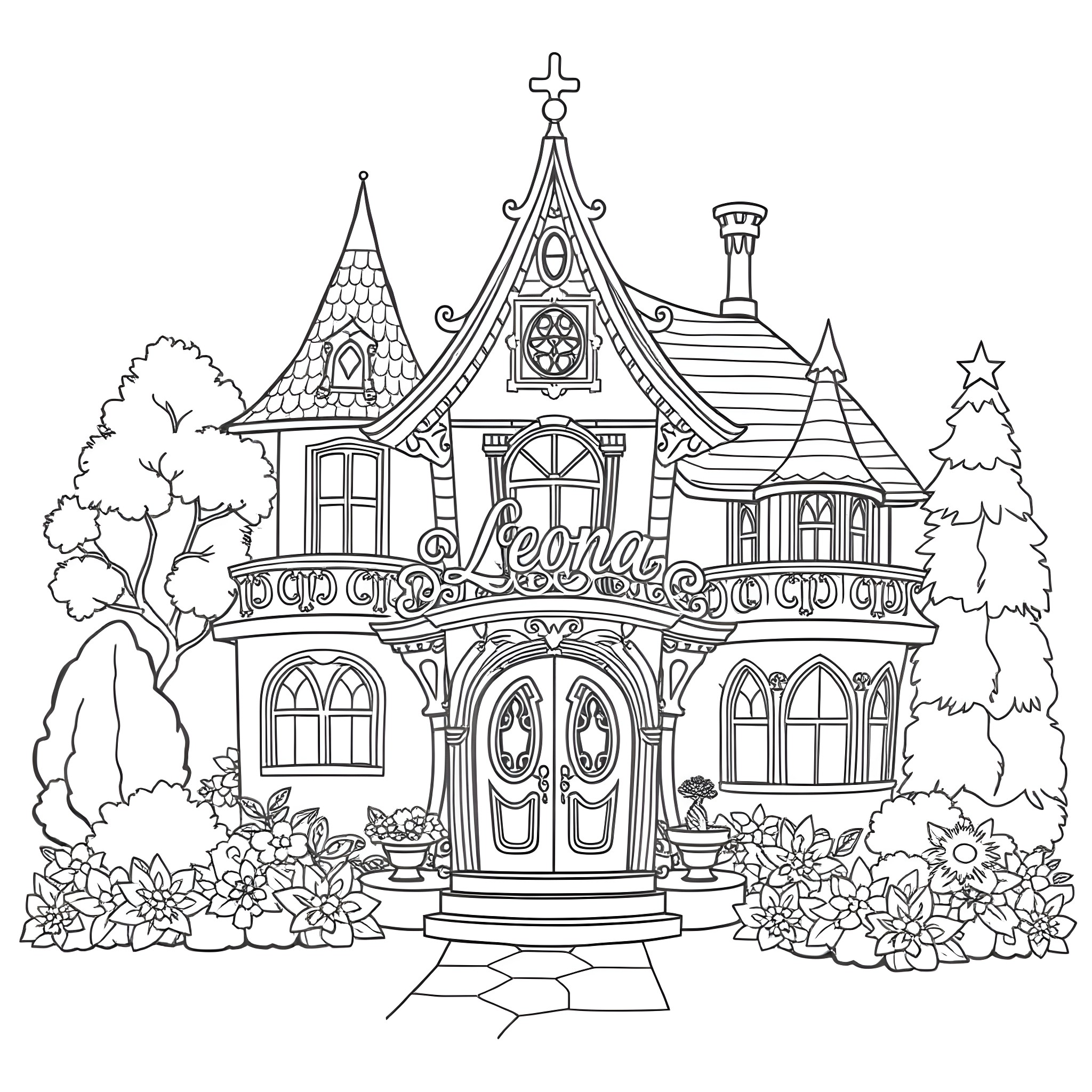 House with intricate architectural details and garden Coloring Page (free black-and-white line drawing printable PDF for all, from beginners to advanced learners, including children, teens, adults, and seniors)