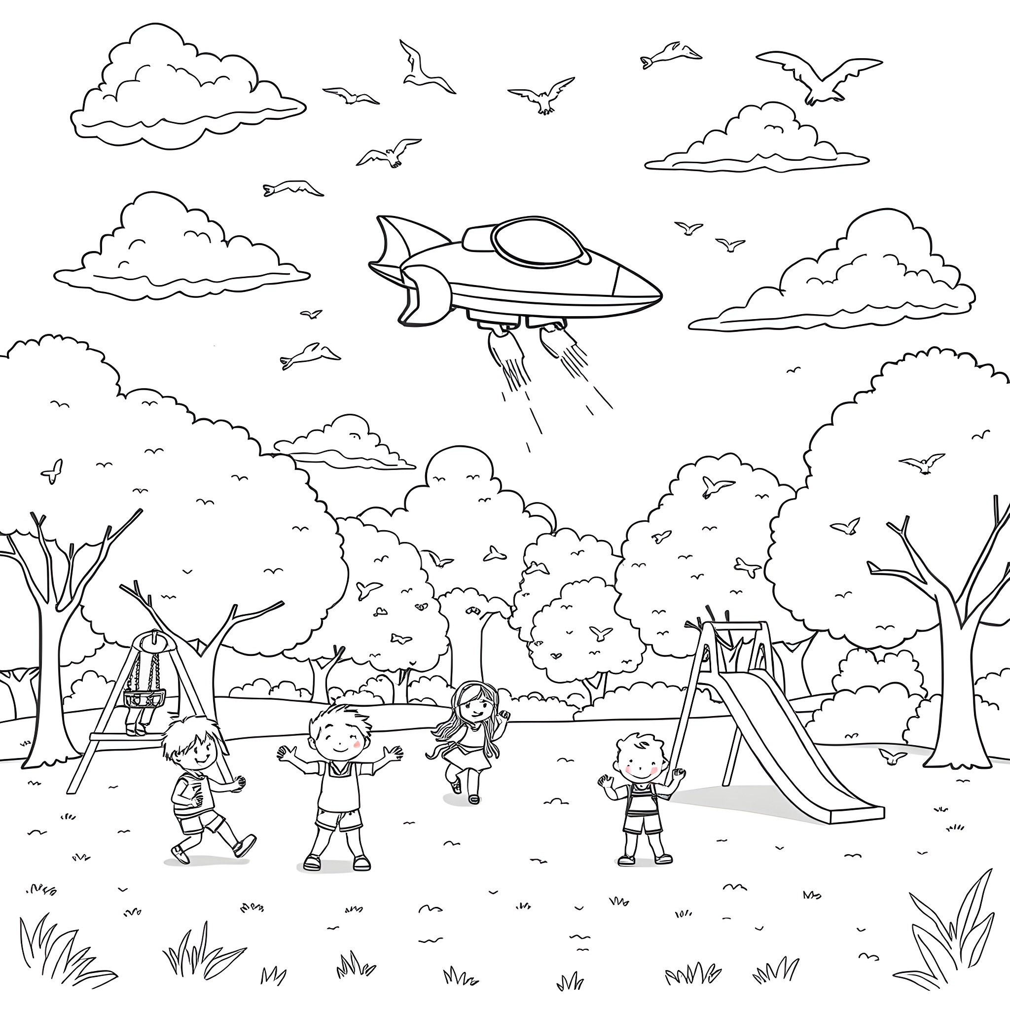 Children playing in the park with a flying spaceship Coloring Page (free black-and-white line drawing printable PDF for all, from beginners to advanced learners, including children, teens, adults, and seniors)