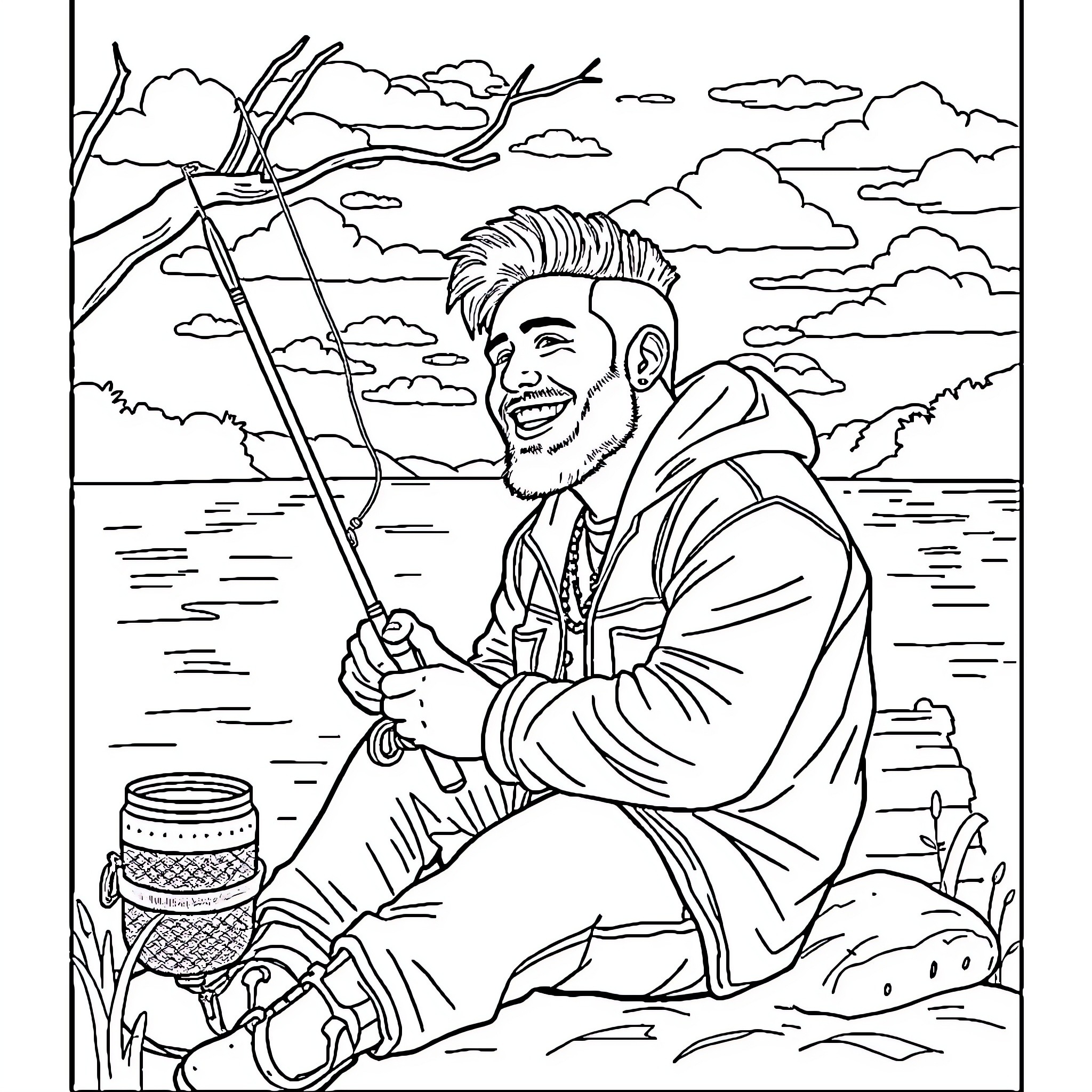 Post Malone enjoying a peaceful fishing trip Coloring Page (free black-and-white line drawing printable PDF for all, from beginners to advanced learners, including children, teens, adults, and seniors)