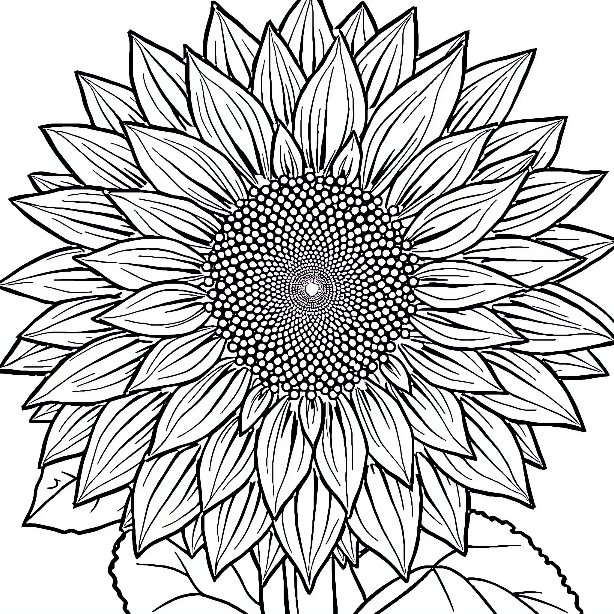 Sunflower in detailed black and white line art Coloring Page (free black-and-white line drawing printable PDF for all, from beginners to advanced learners, including children, teens, adults, and seniors)