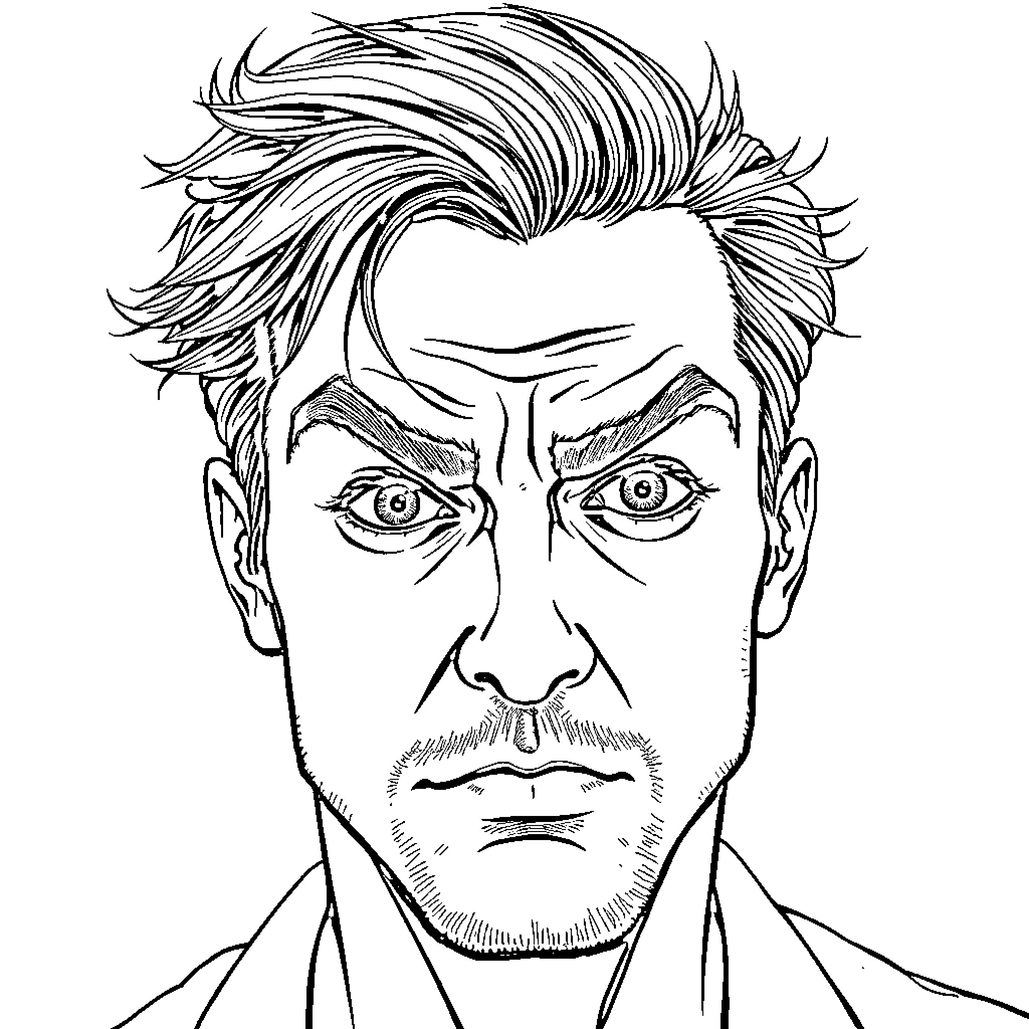 Man with intense expression and messy hair Coloring Page (free black-and-white line drawing printable PDF for all, from beginners to advanced learners, including children, teens, adults, and seniors)