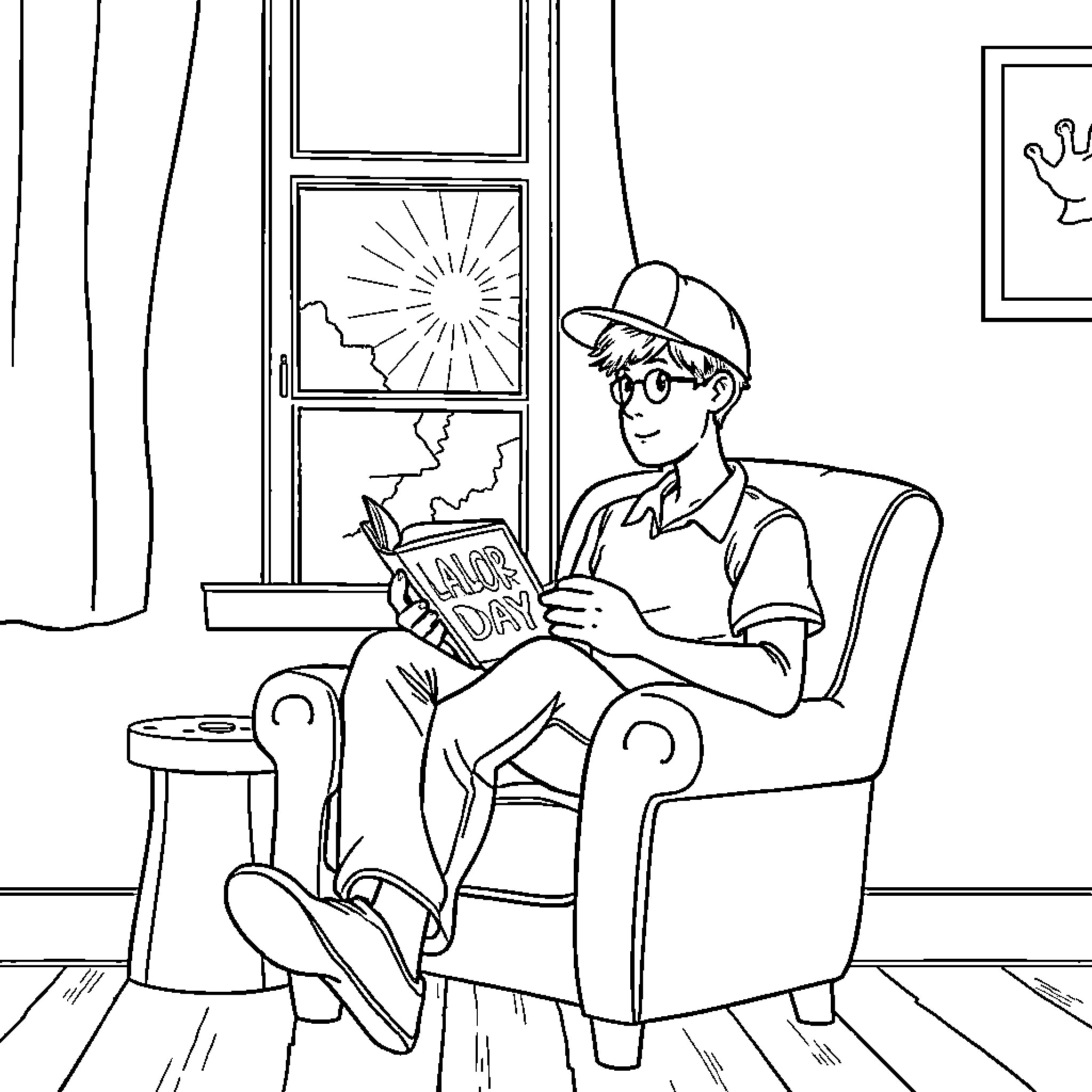 Person reading a book in a comfortable chair Coloring Page (free black-and-white line drawing printable PDF for all, from beginners to advanced learners, including children, teens, adults, and seniors)