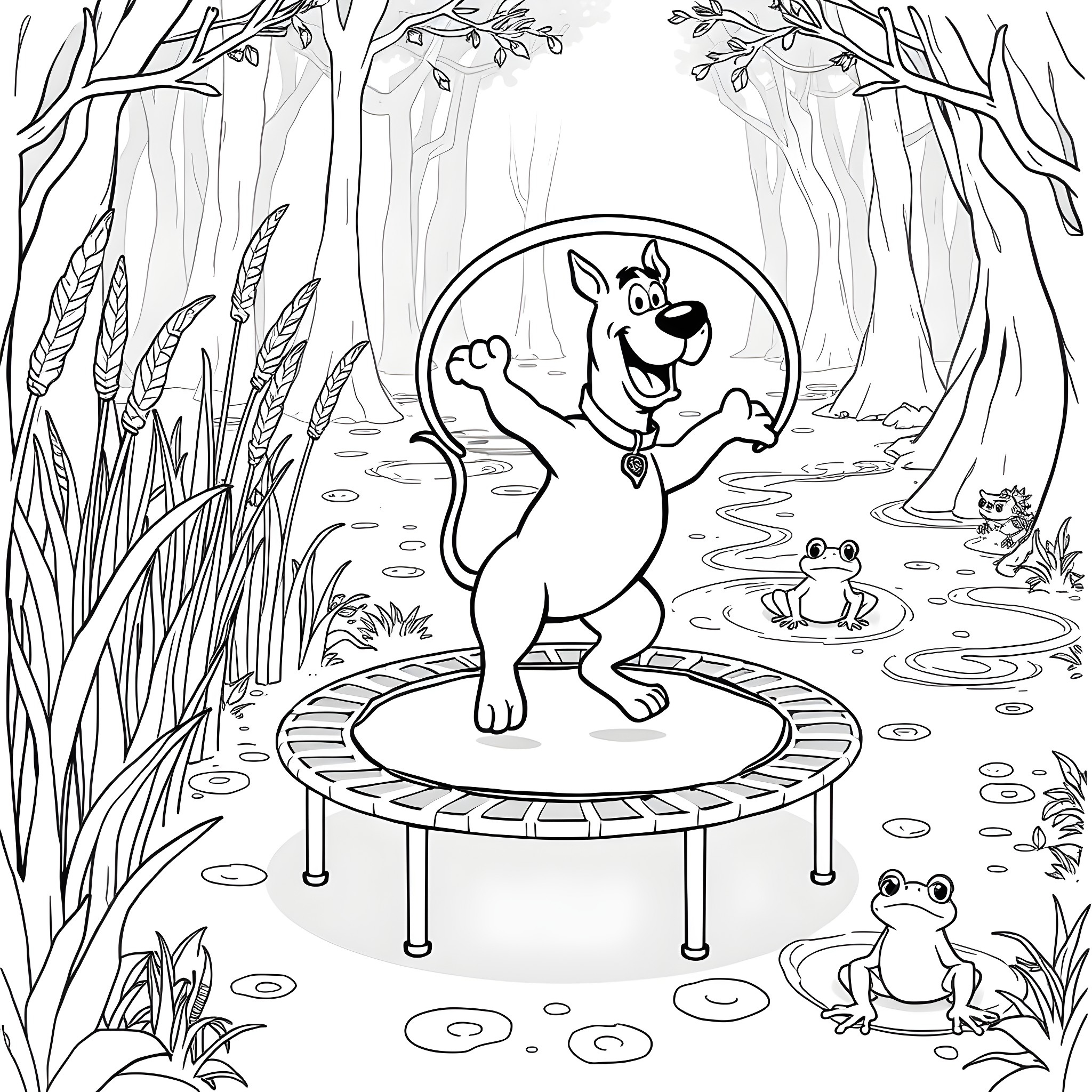 Scooby Doo jumping happily on a trampoline in the forest Coloring Page (free black-and-white line drawing printable PDF for all, from beginners to advanced learners, including children, teens, adults, and seniors)