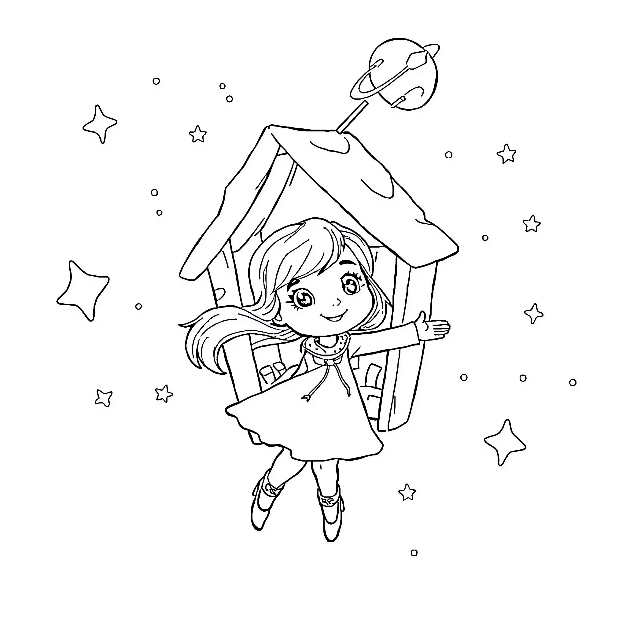 Gaby enjoying starry night under her playhouse Coloring Page (free black-and-white line drawing printable PDF for all, from beginners to advanced learners, including children, teens, adults, and seniors)