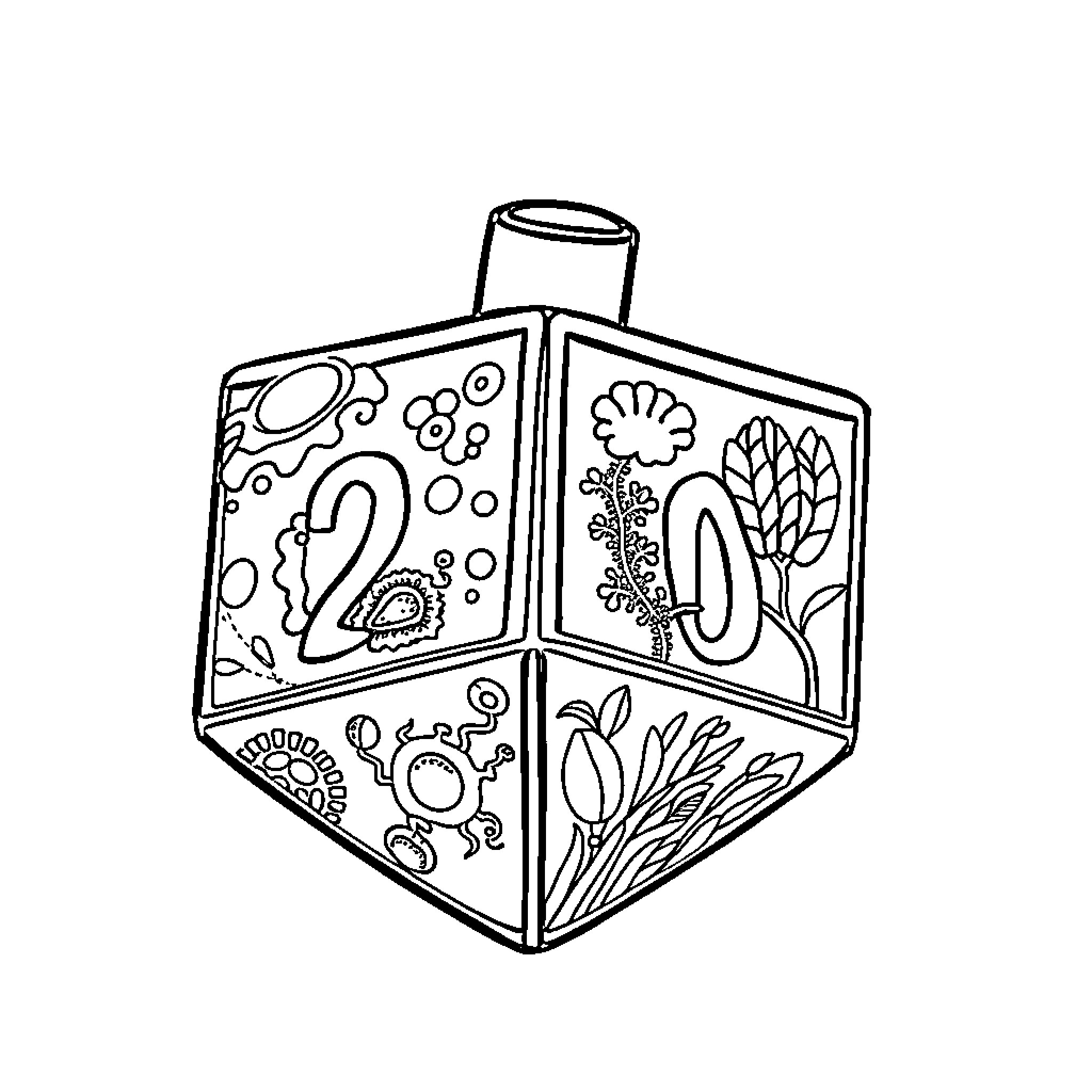 Dreidel decorated with playful designs Coloring Page (free black-and-white line drawing printable PDF for all, from beginners to advanced learners, including children, teens, adults, and seniors)