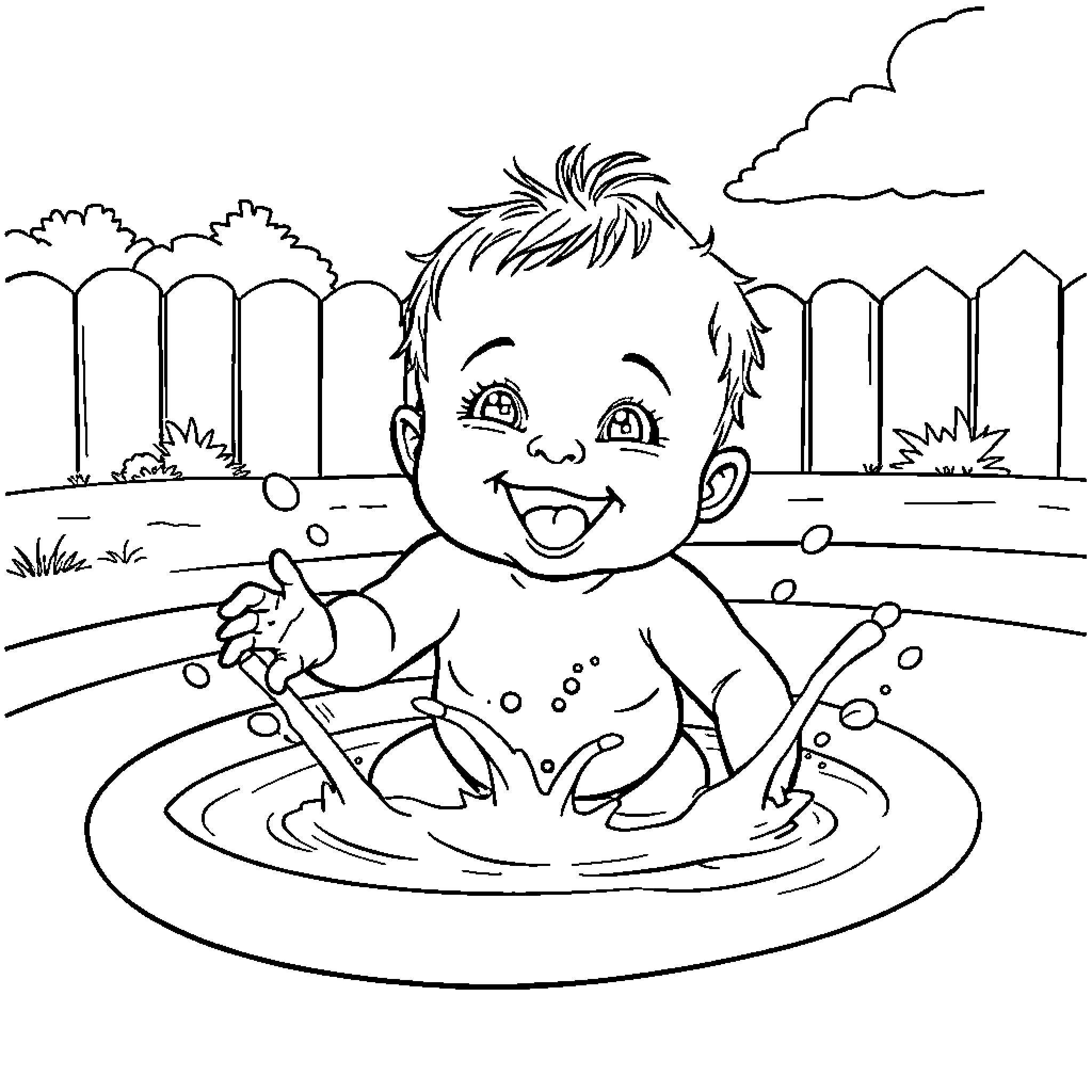 Baby enjoying a splashing time in the garden Coloring Page (free black-and-white line drawing printable PDF for all, from beginners to advanced learners, including children, teens, adults, and seniors)