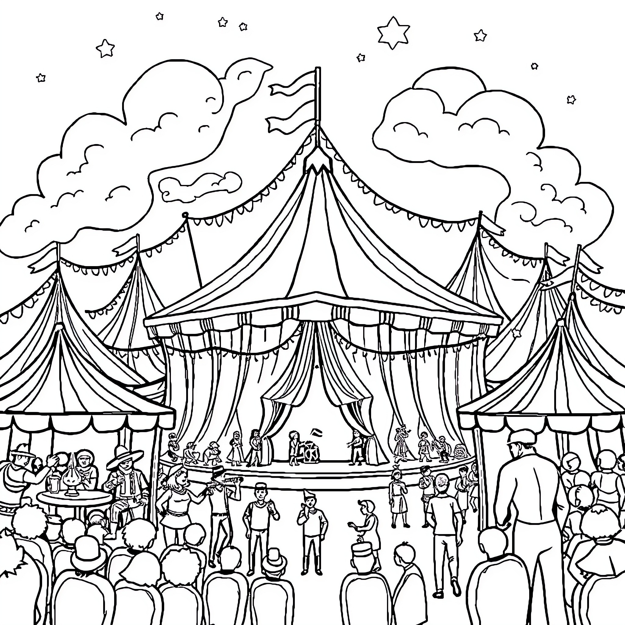 Circus performance under the big top Coloring Page (free black-and-white line drawing printable PDF for all, from beginners to advanced learners, including children, teens, adults, and seniors)