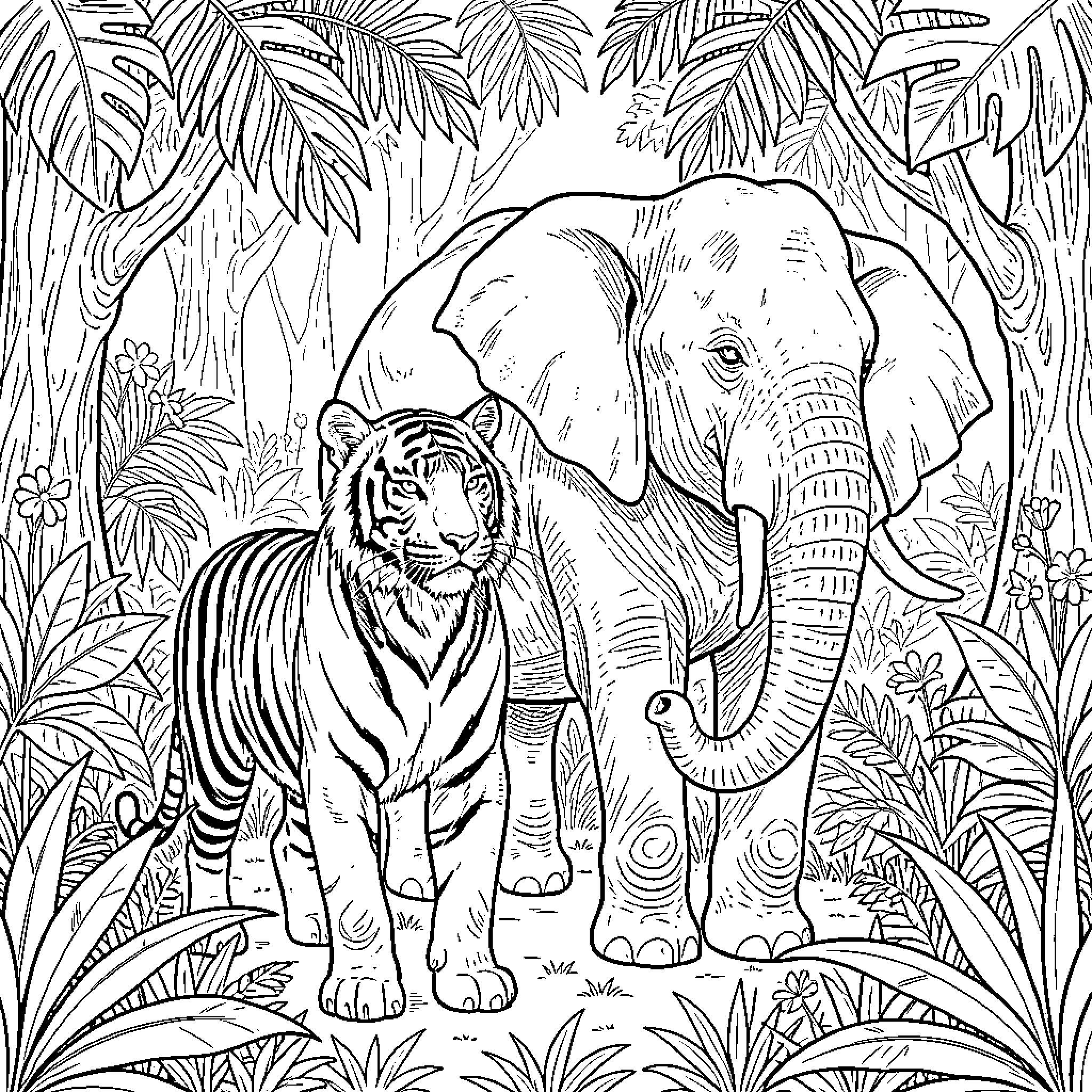 Tiger and Elephant in Lush Jungle Coloring Page (free black-and-white line drawing printable PDF for all, from beginners to advanced learners, including children, teens, adults, and seniors)