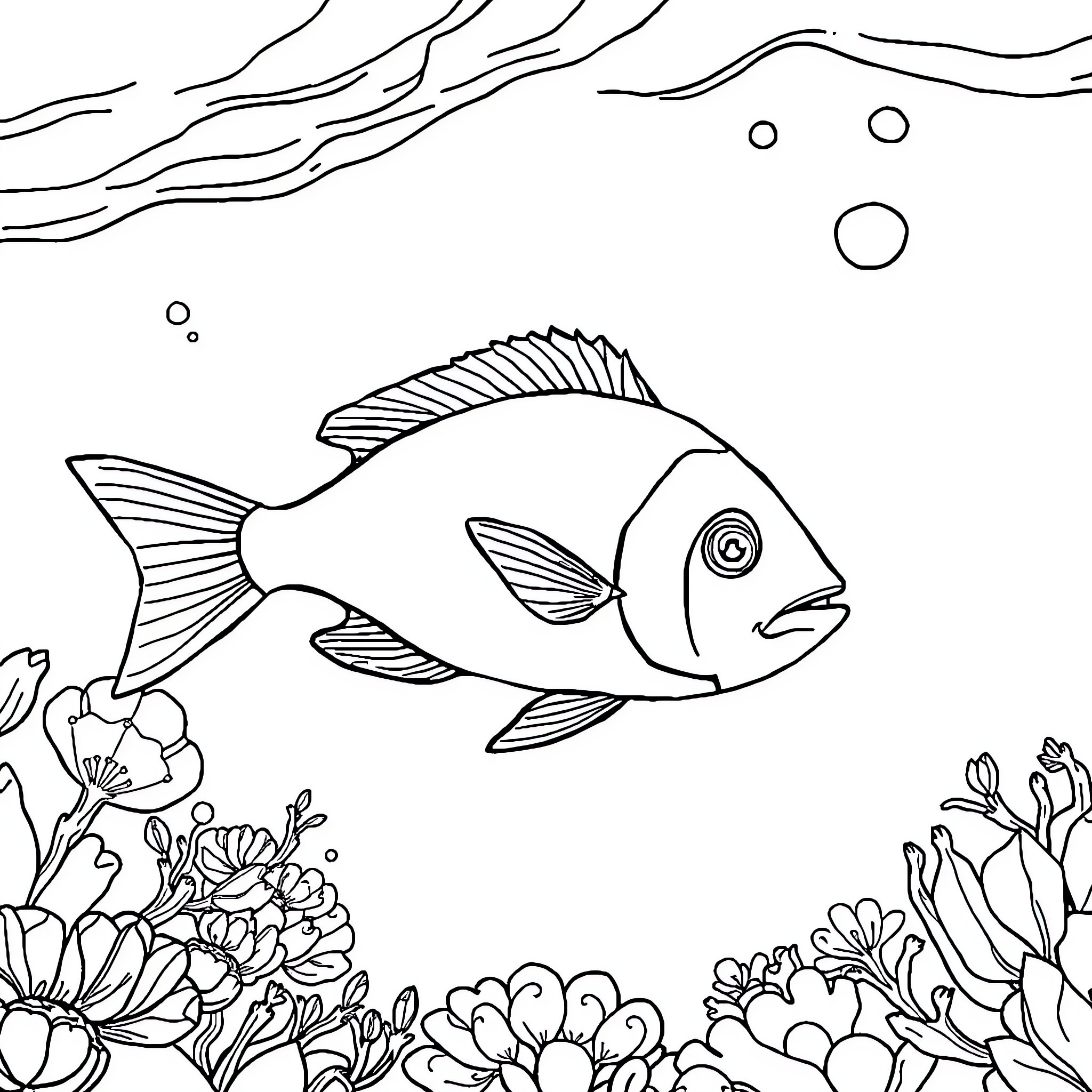 Fish swimming among colorful underwater plants Coloring Page (free black-and-white line drawing printable PDF for all, from beginners to advanced learners, including children, teens, adults, and seniors)