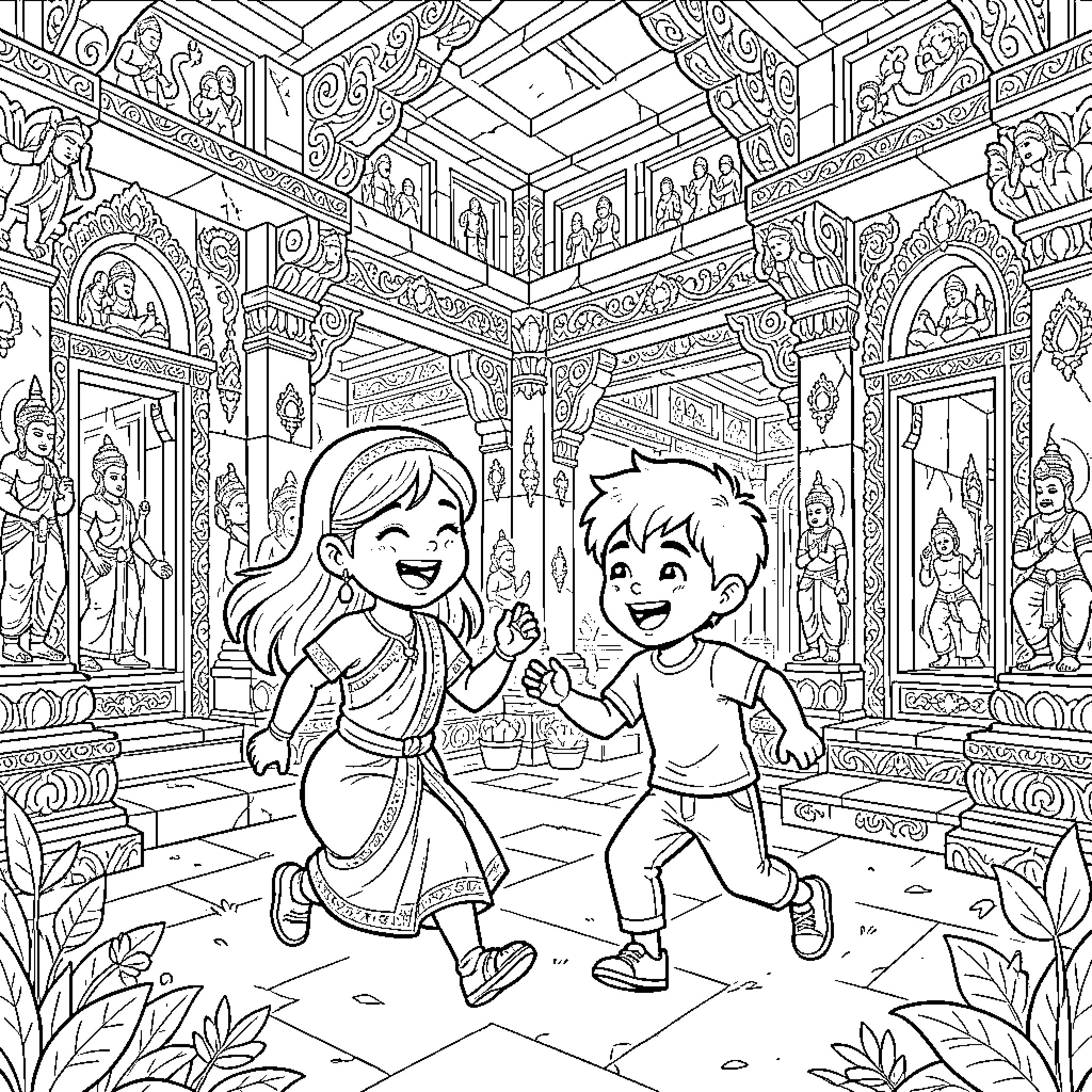 Child Exploring Ancient Temple with Friend Coloring Page (free black-and-white line drawing printable PDF for all, from beginners to advanced learners, including children, teens, adults, and seniors)