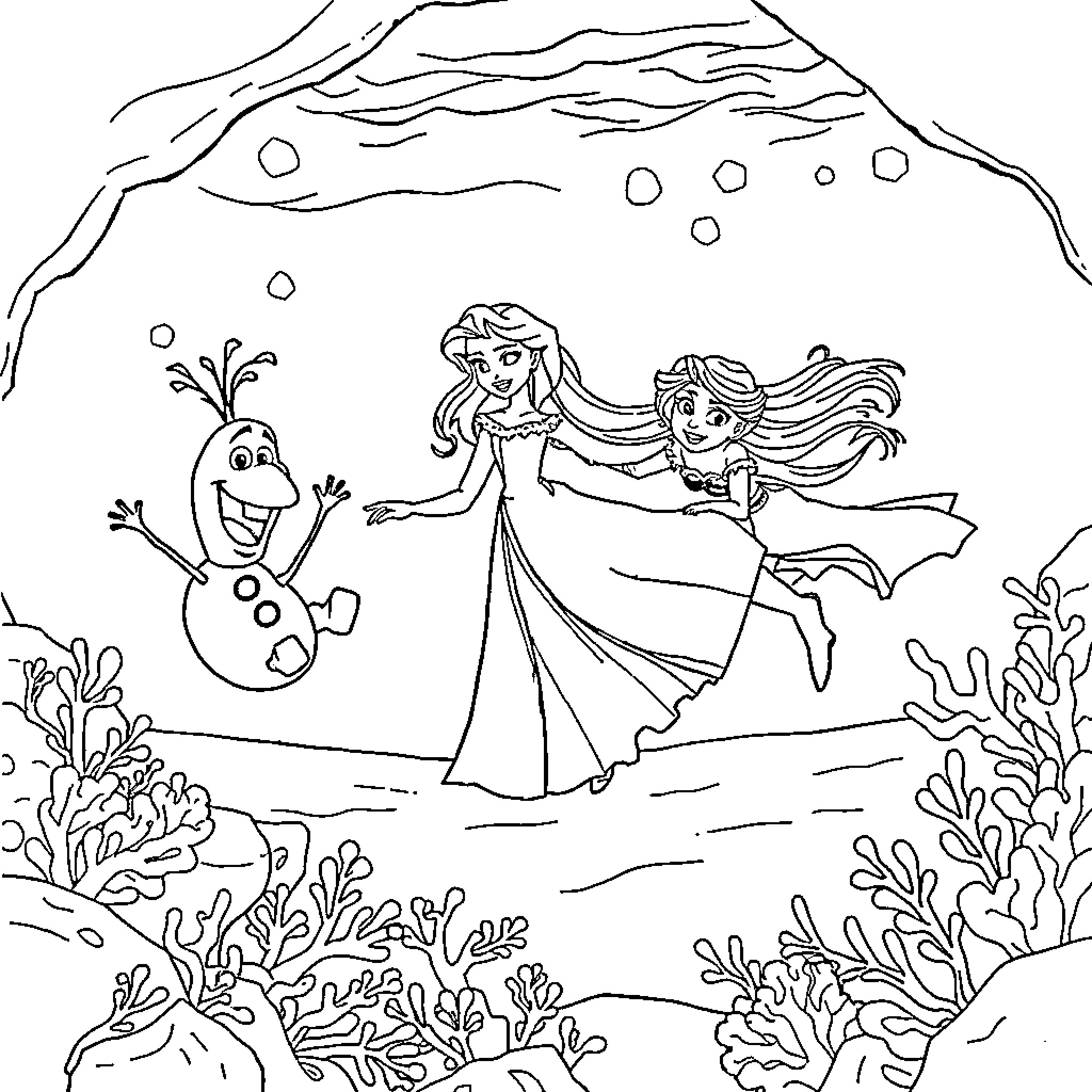 Queen's Underwater Adventure with Olaf Coloring Page (free black-and-white line drawing printable PDF for all, from beginners to advanced learners, including children, teens, adults, and seniors)