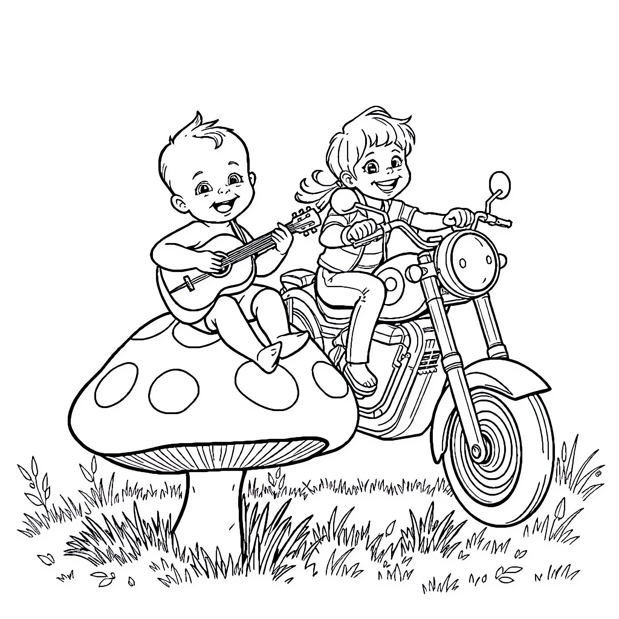 Baby playing music on a motorcycle with friend Coloring Page (free black-and-white line drawing printable PDF for all, from beginners to advanced learners, including children, teens, adults, and seniors)