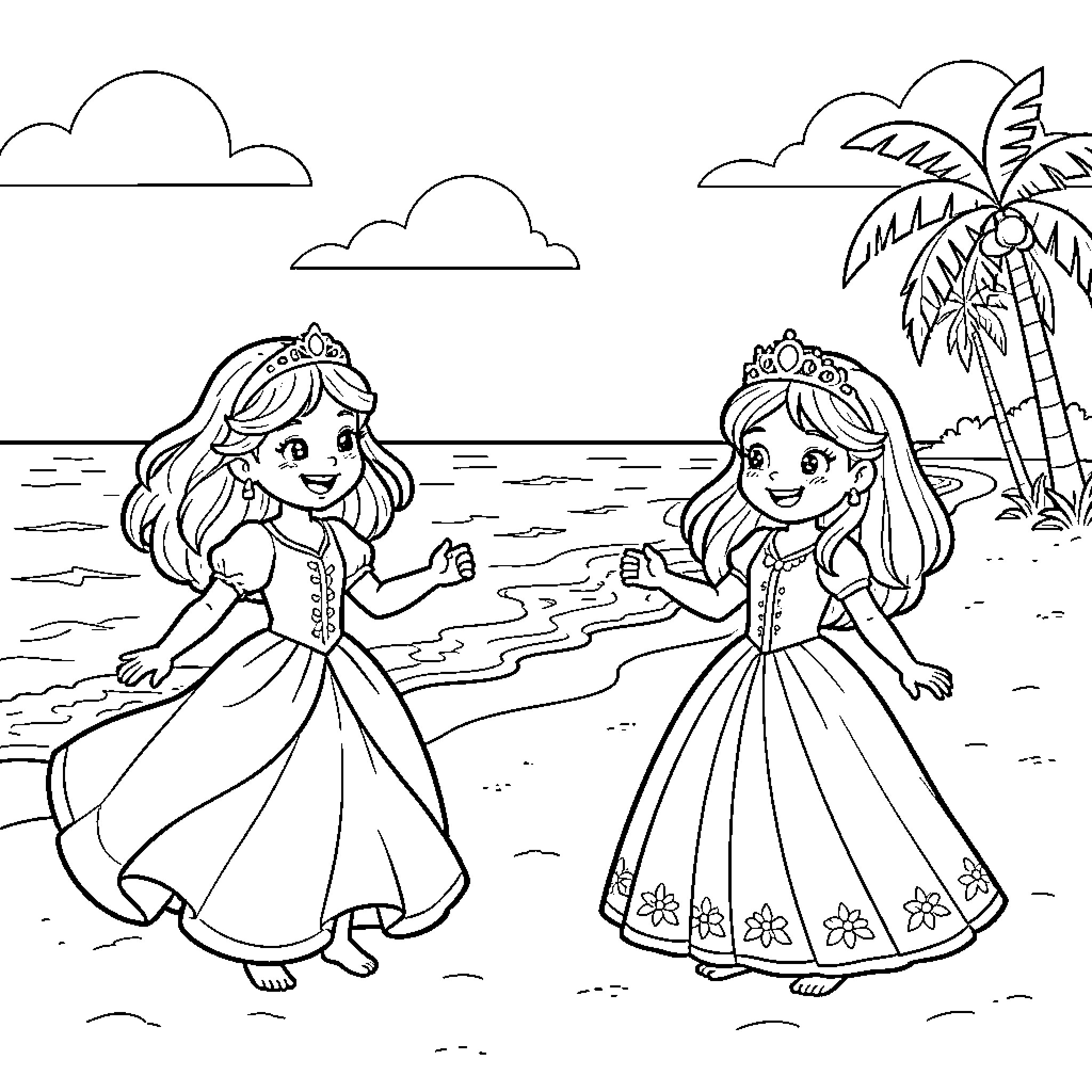 Princesses dancing joyfully on a tropical beach Coloring Page (free black-and-white line drawing printable PDF for all, from beginners to advanced learners, including children, teens, adults, and seniors)
