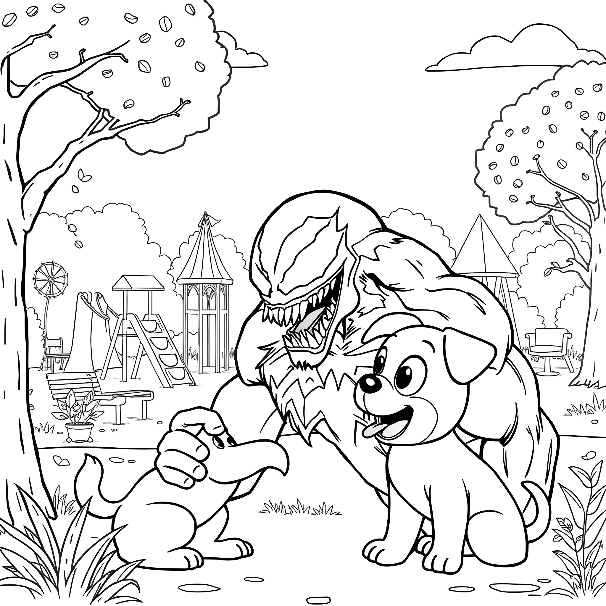 Venom and Friendly Dog in Playground Coloring Page (free black-and-white line drawing printable PDF for all, from beginners to advanced learners, including children, teens, adults, and seniors)