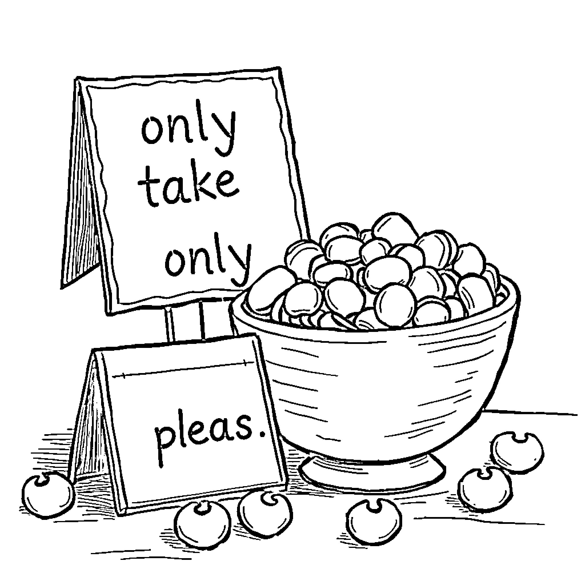 Sign for Take Only Apples from Bowl Coloring Page (free black-and-white line drawing printable PDF for all, from beginners to advanced learners, including children, teens, adults, and seniors)