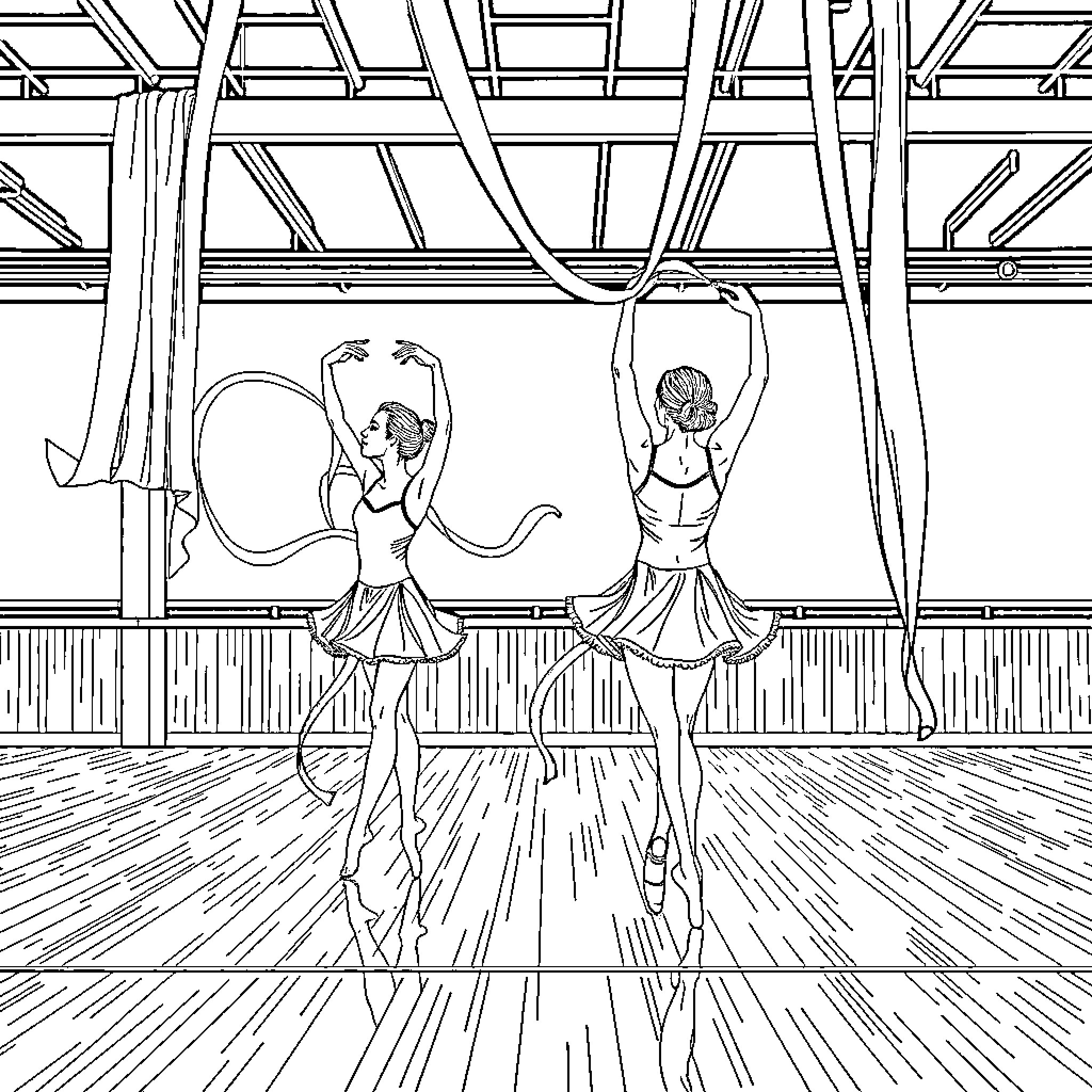 Rhythmic Gymnastics Performance in Elegant Studio Coloring Page (free black-and-white line drawing printable PDF for all, from beginners to advanced learners, including children, teens, adults, and seniors)