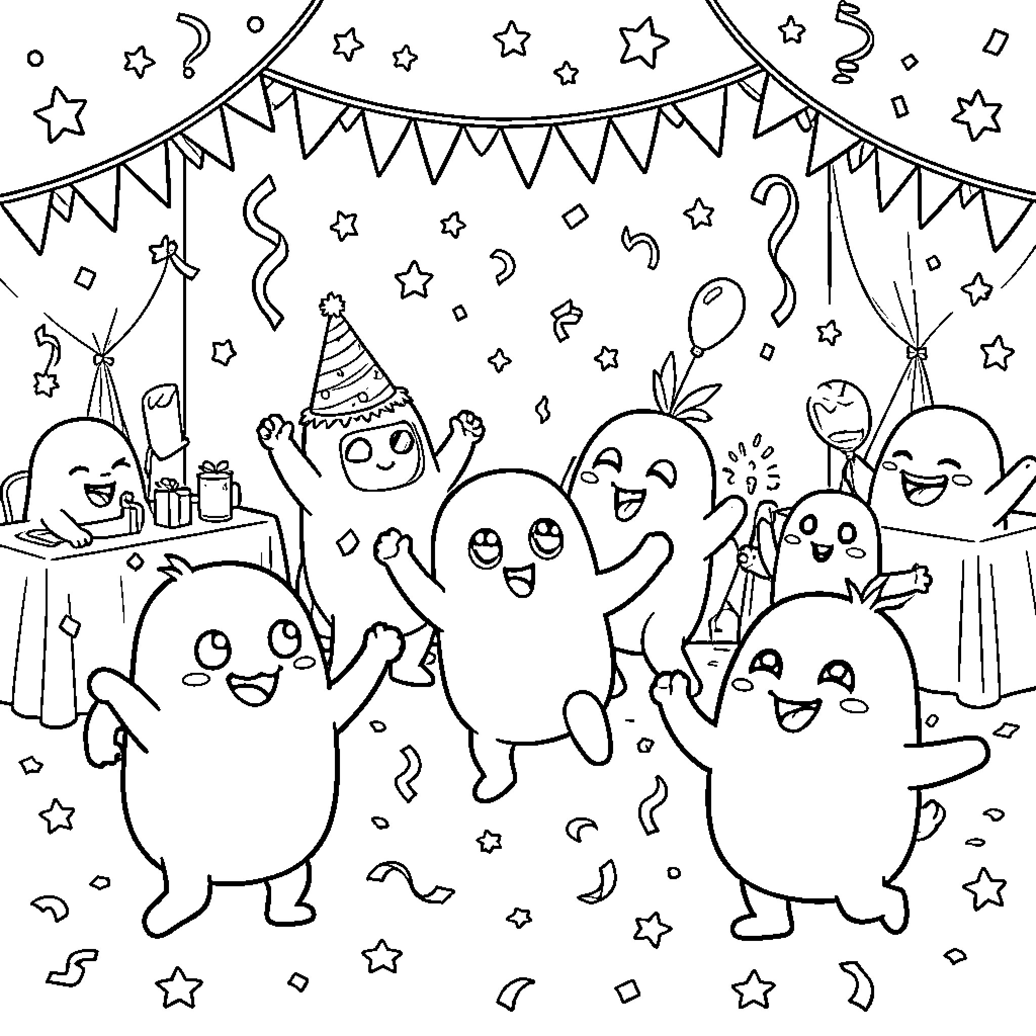 Tamagotchi characters celebrating a festive party with decorations Coloring Page (free black-and-white line drawing printable PDF for all, from beginners to advanced learners, including children, teens, adults, and seniors)
