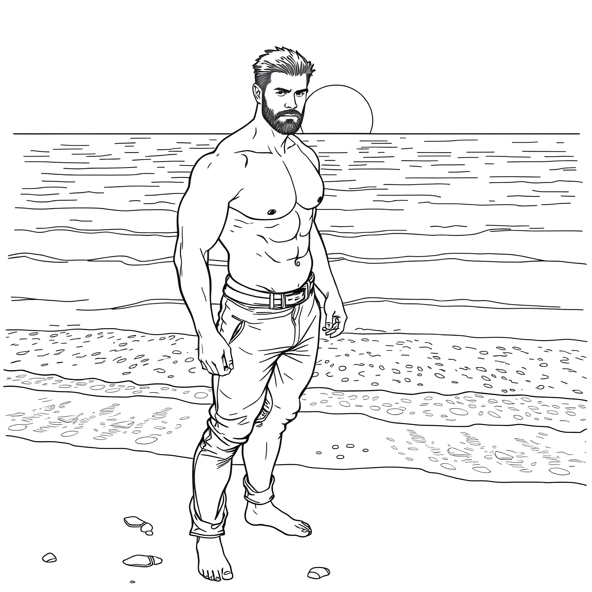 Chris Hemsworth enjoying a casual stroll on the beach Coloring Page (free black-and-white line drawing printable PDF for all, from beginners to advanced learners, including children, teens, adults, and seniors)