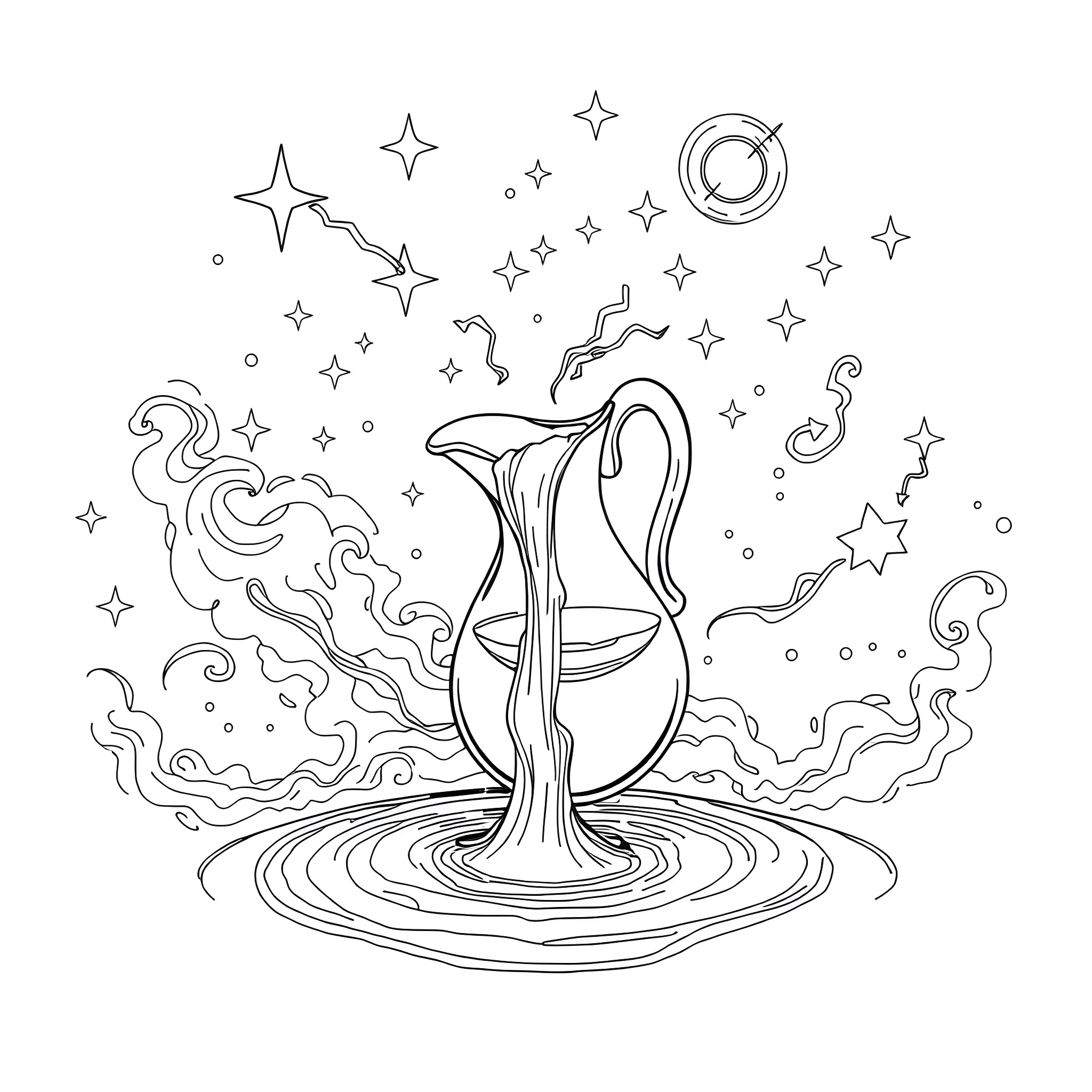Aquarius - Magical Water Vessel with Cosmic Swirls Coloring Page (free black-and-white line drawing printable PDF for all, from beginners to advanced learners, including children, teens, adults, and seniors)