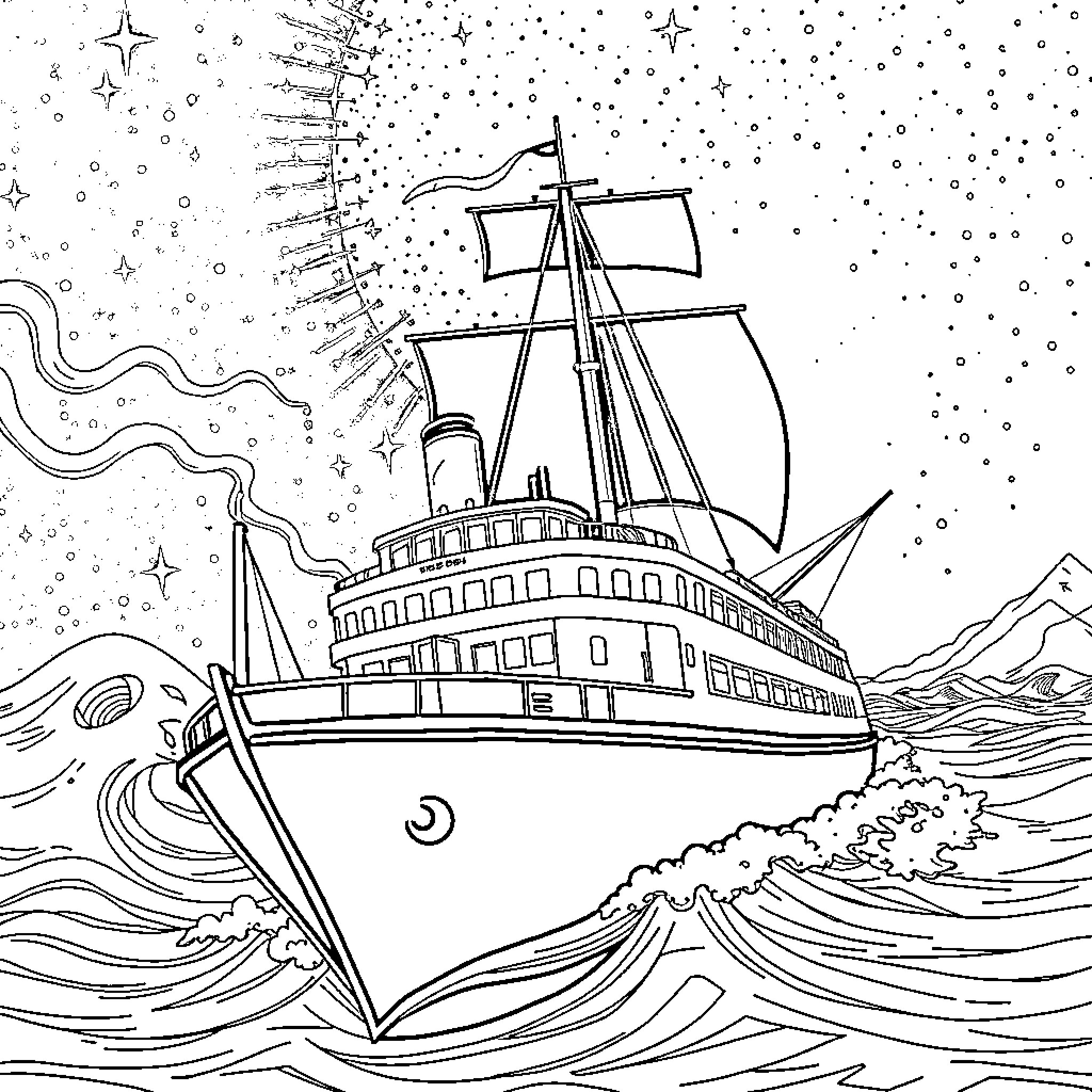 Ektoplasma: Ghostly Vessel Navigating Cosmic Waves Coloring Page (free black-and-white line drawing printable PDF for all, from beginners to advanced learners, including children, teens, adults, and seniors)
