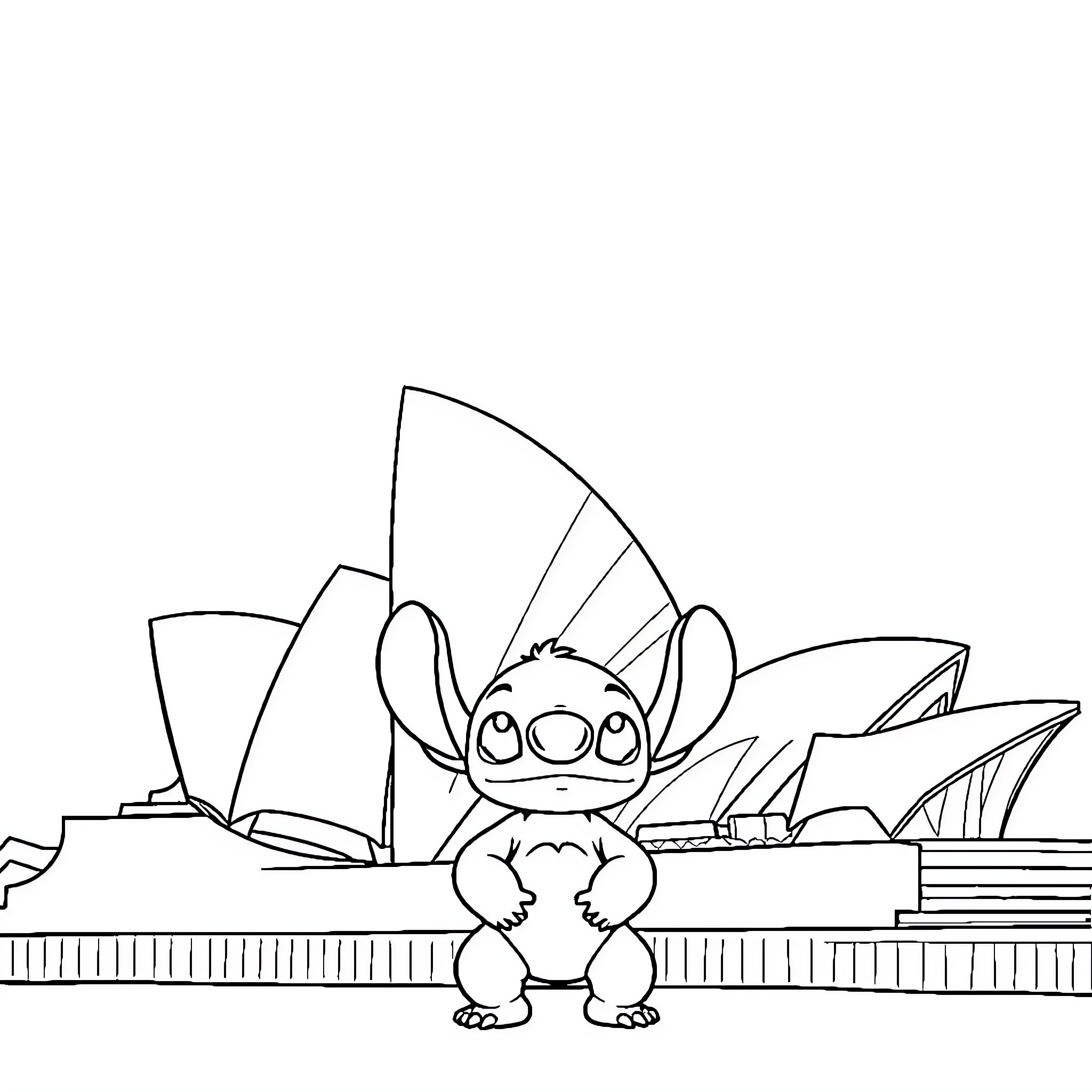 Stitch exploring the iconic Sydney Opera House Coloring Page (free black-and-white line drawing printable PDF for all, from beginners to advanced learners, including children, teens, adults, and seniors)