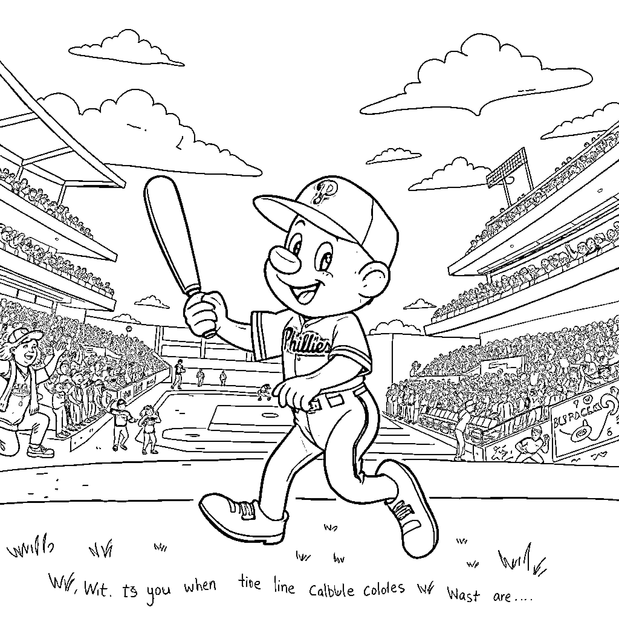 Bluey playing baseball in a crowded stadium Coloring Page (free black-and-white line drawing printable PDF for all, from beginners to advanced learners, including children, teens, adults, and seniors)