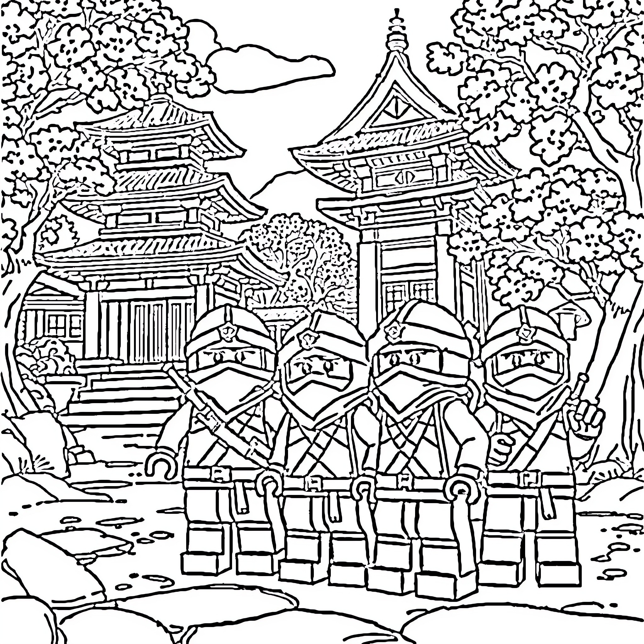 Ninjago Ninjas Guarding Ancient Pagoda in Tranquil Forest Coloring Page (free black-and-white line drawing printable PDF for all, from beginners to advanced learners, including children, teens, adults, and seniors)