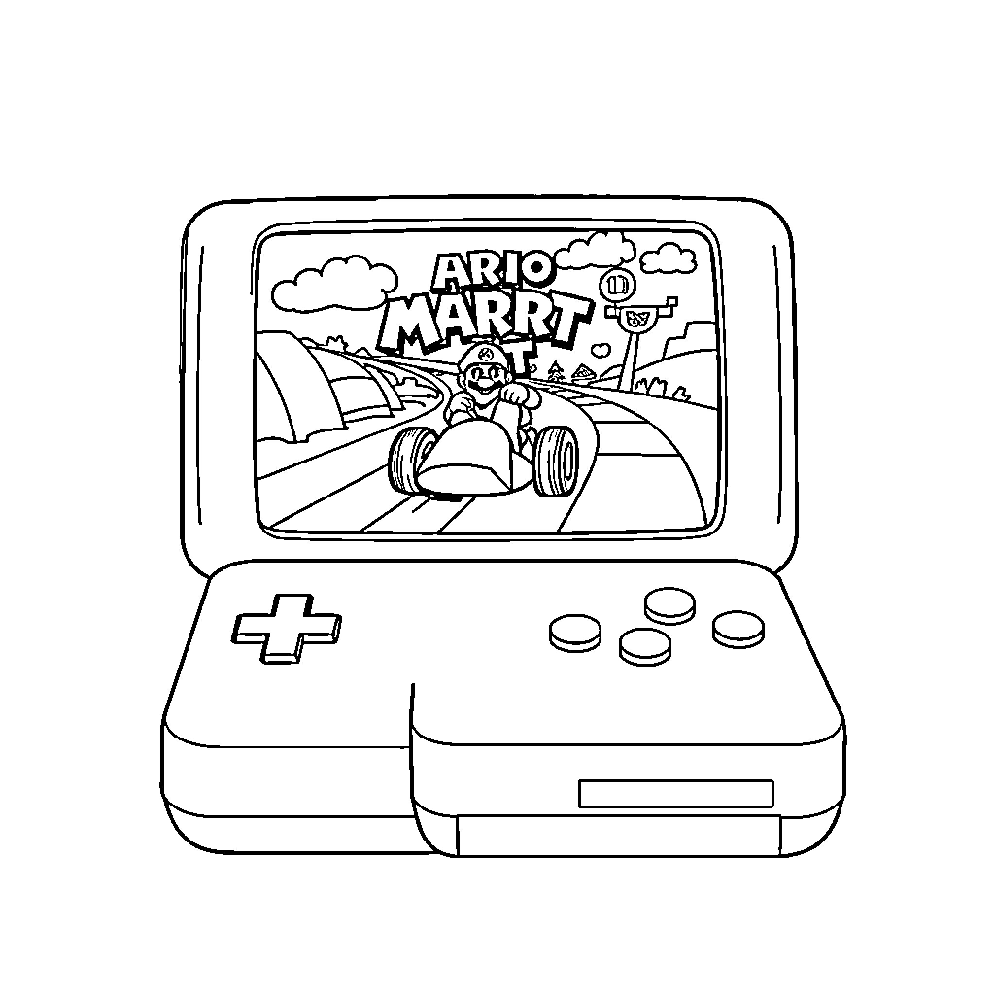Nintendo characters race in kart game Coloring Page (free black-and-white line drawing printable PDF for all, from beginners to advanced learners, including children, teens, adults, and seniors)