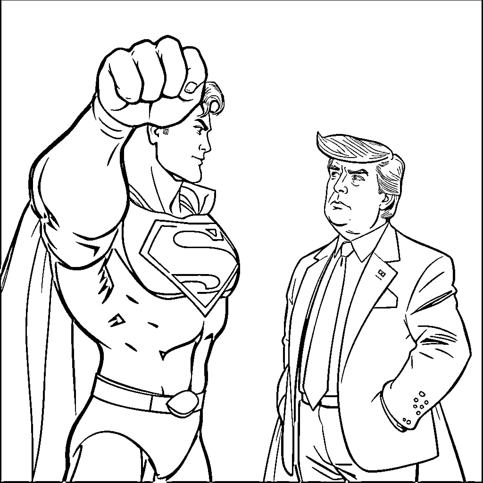 Superman confronts a suited man in a serious encounter Coloring Page (free black-and-white line drawing printable PDF for all, from beginners to advanced learners, including children, teens, adults, and seniors)