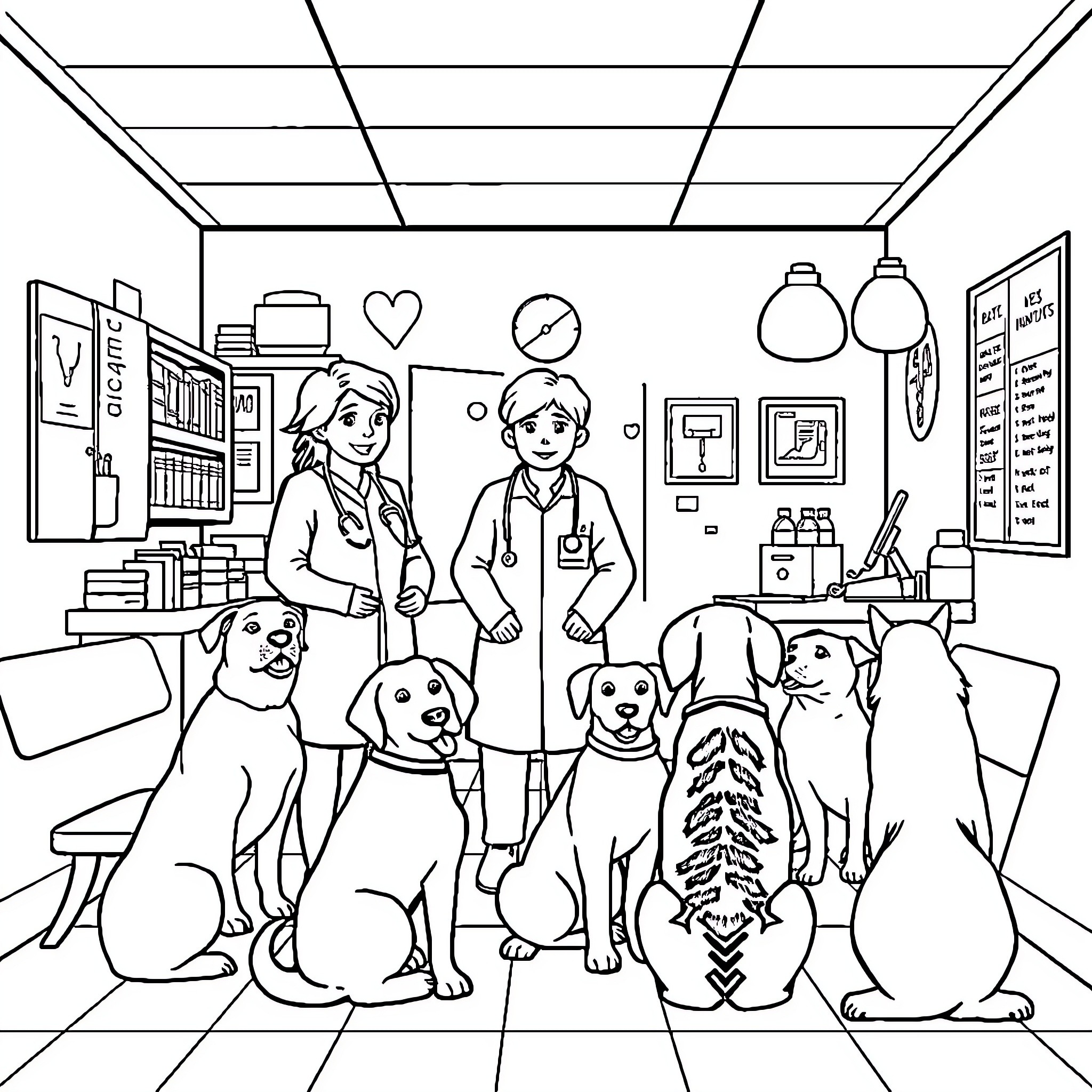 Veterinarian Caring for Pets in the Clinic Coloring Page (free black-and-white line drawing printable PDF for all, from beginners to advanced learners, including children, teens, adults, and seniors)