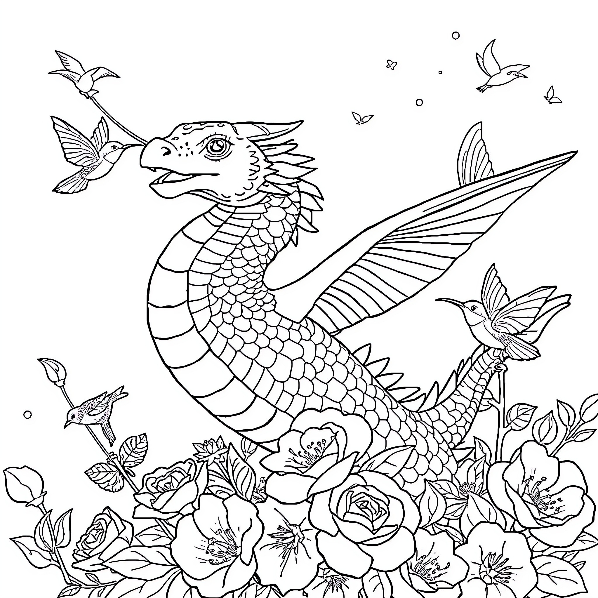 Dragon Soaring Among Blooming Flowers and Butterflies Coloring Page (free black-and-white line drawing printable PDF for all, from beginners to advanced learners, including children, teens, adults, and seniors)