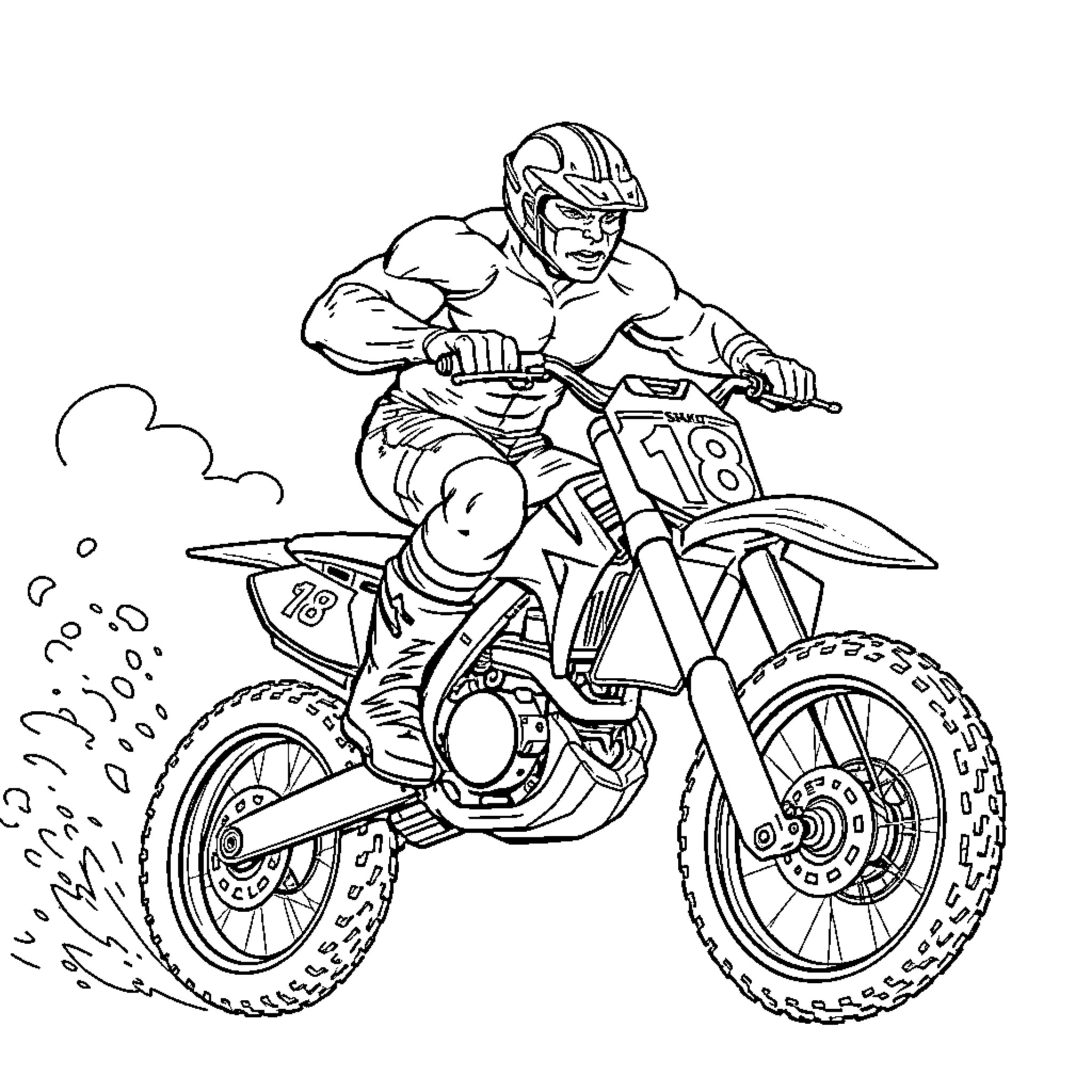 Hulk Riding Powerful Dirt Bike Through Muddy Terrain Coloring Page (free black-and-white line drawing printable PDF for all, from beginners to advanced learners, including children, teens, adults, and seniors)