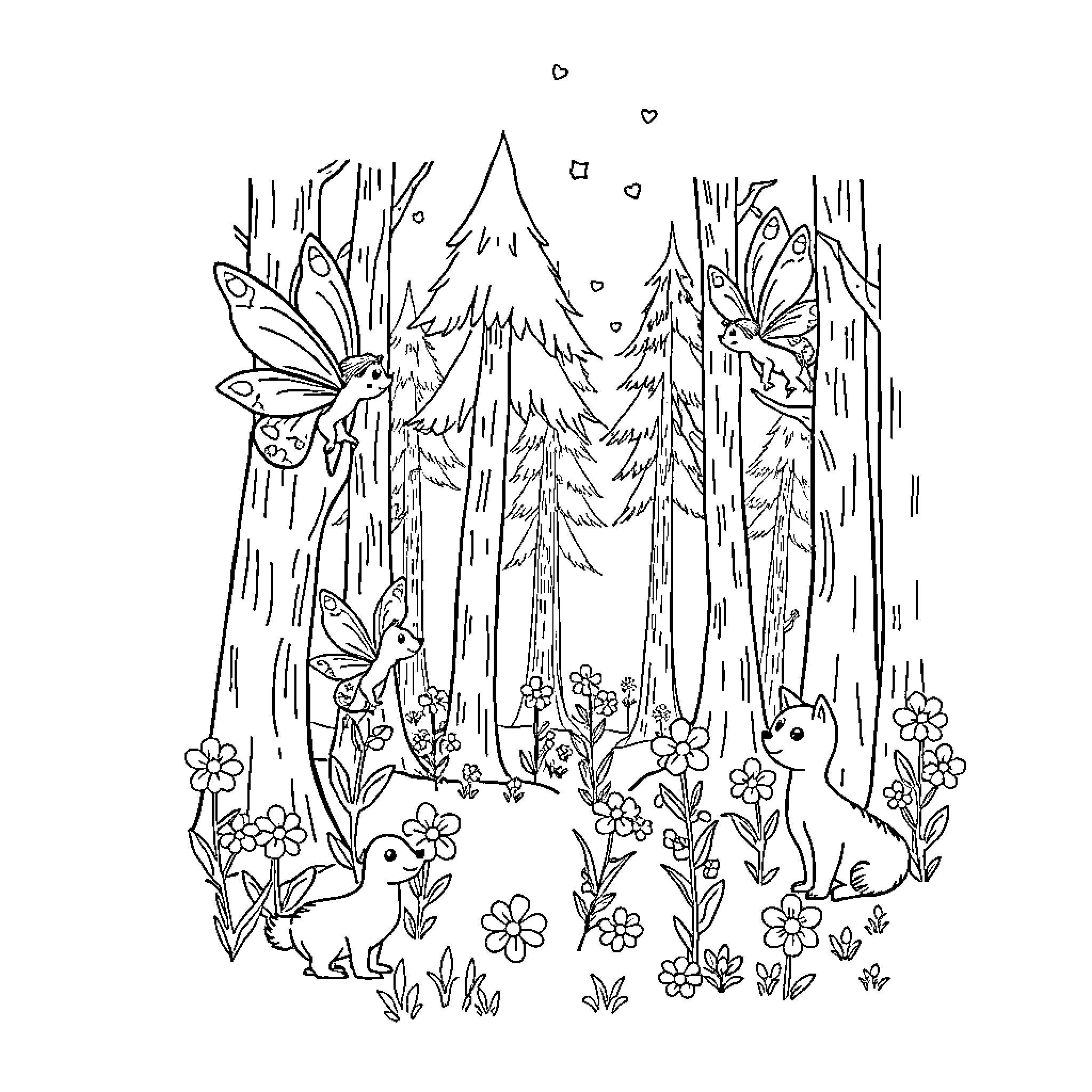 Animal forest with flowers and wildlife Coloring Page (free black-and-white line drawing printable PDF for all, from beginners to advanced learners, including children, teens, adults, and seniors)