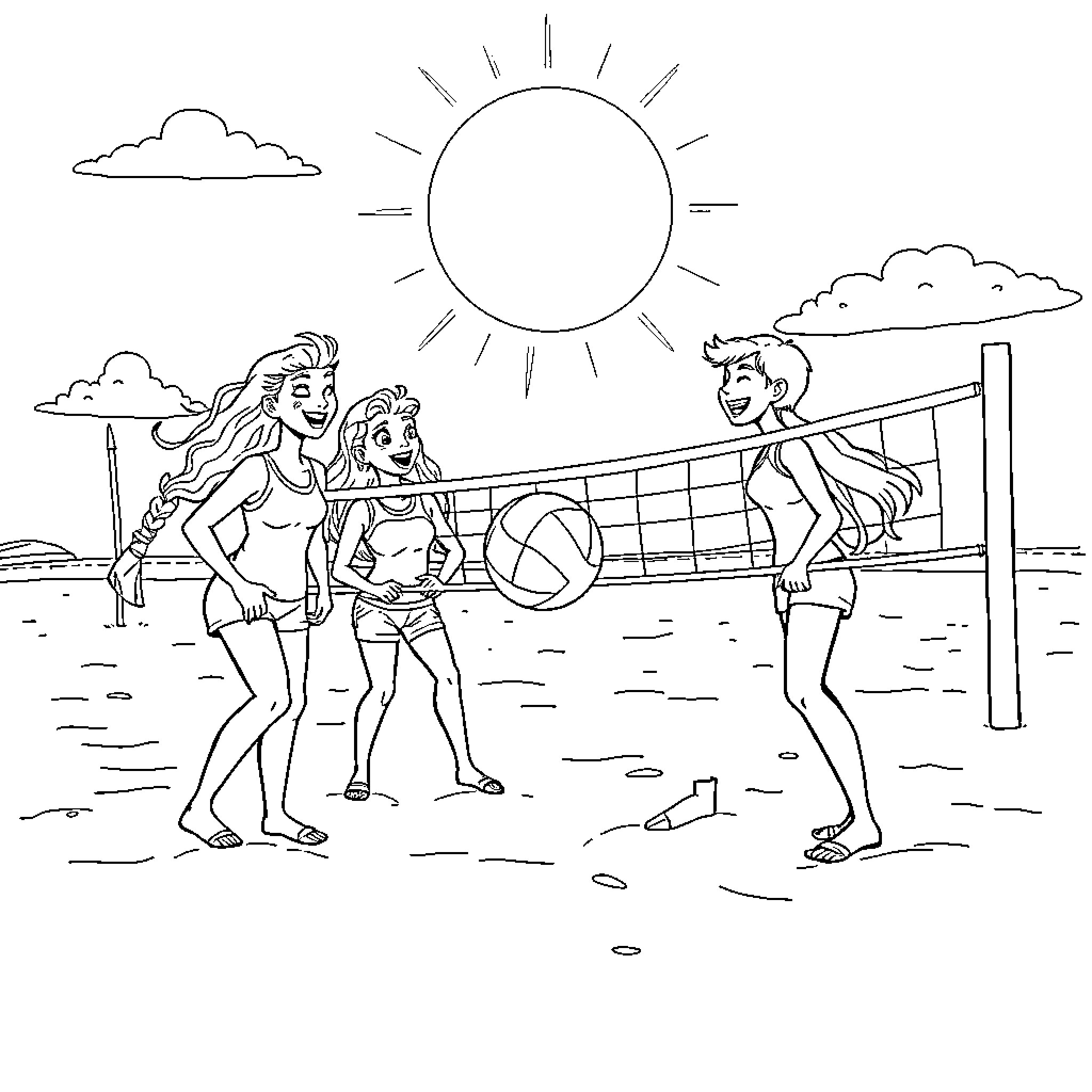 Super Hero Friends Playing Beach Volleyball Coloring Page (free black-and-white line drawing printable PDF for all, from beginners to advanced learners, including children, teens, adults, and seniors)