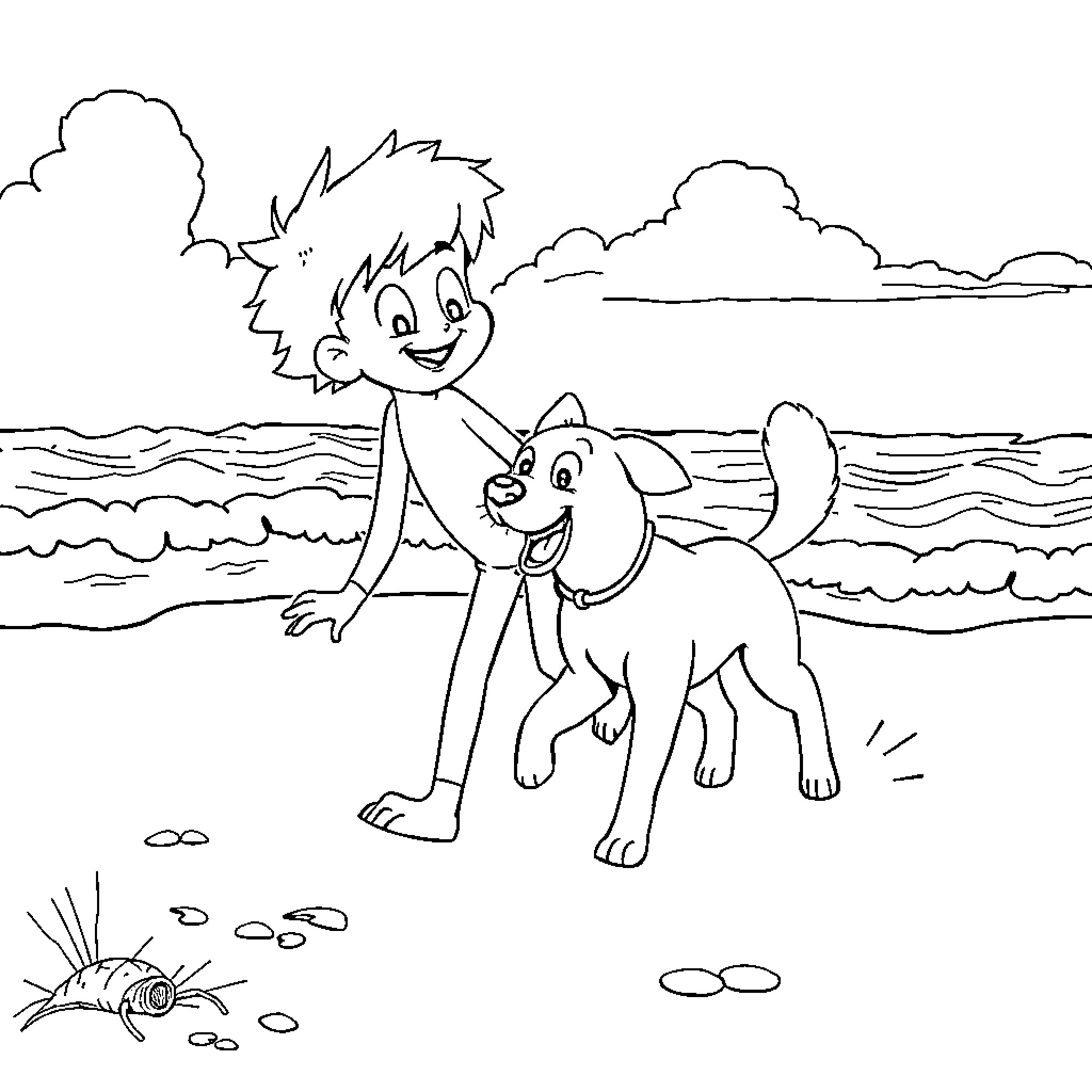 Zero Two playing happily with dog on the beach Coloring Page (free black-and-white line drawing printable PDF for all, from beginners to advanced learners, including children, teens, adults, and seniors)