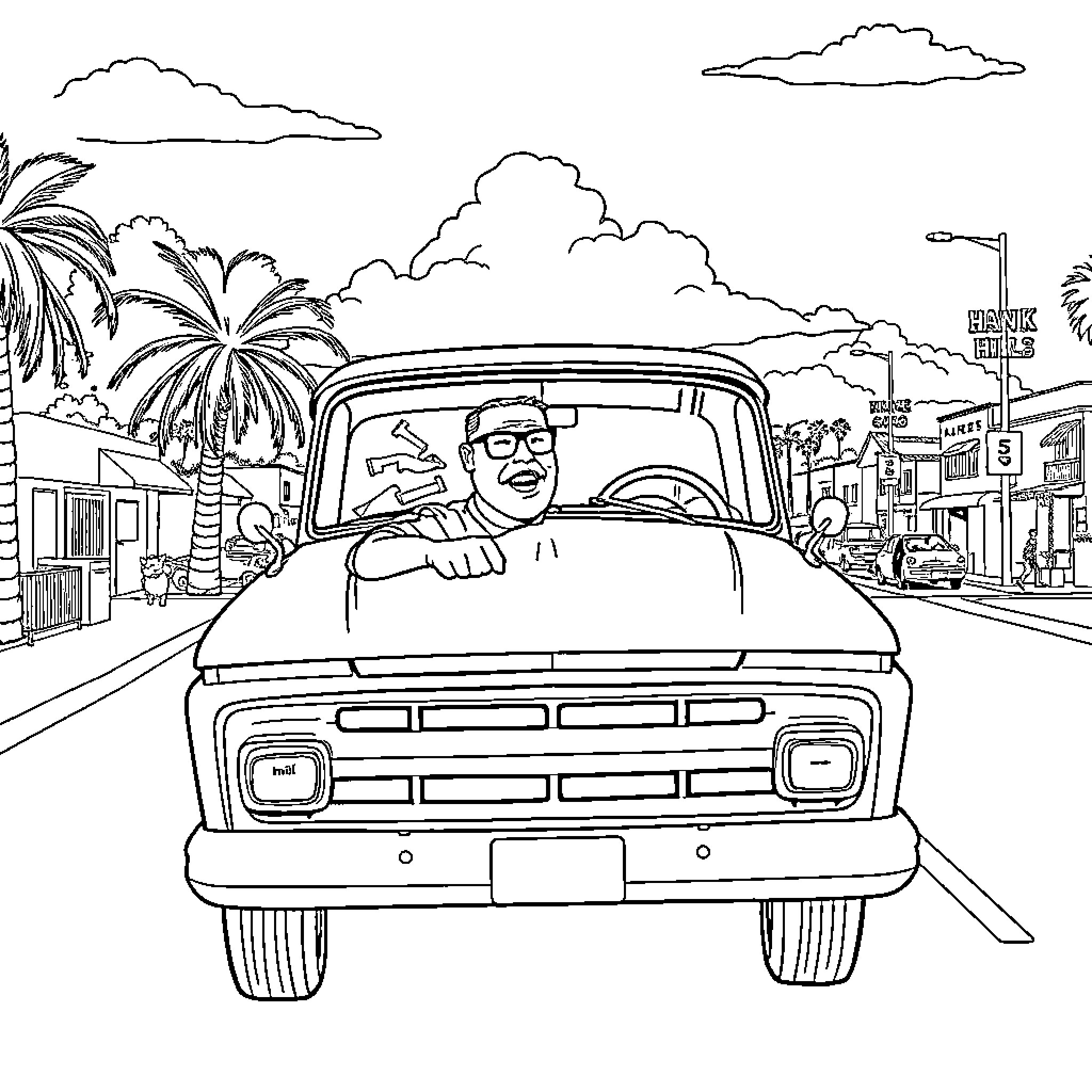 Hank Hill drives his pickup truck down a sunny street Coloring Page (free black-and-white line drawing printable PDF for all, from beginners to advanced learners, including children, teens, adults, and seniors)