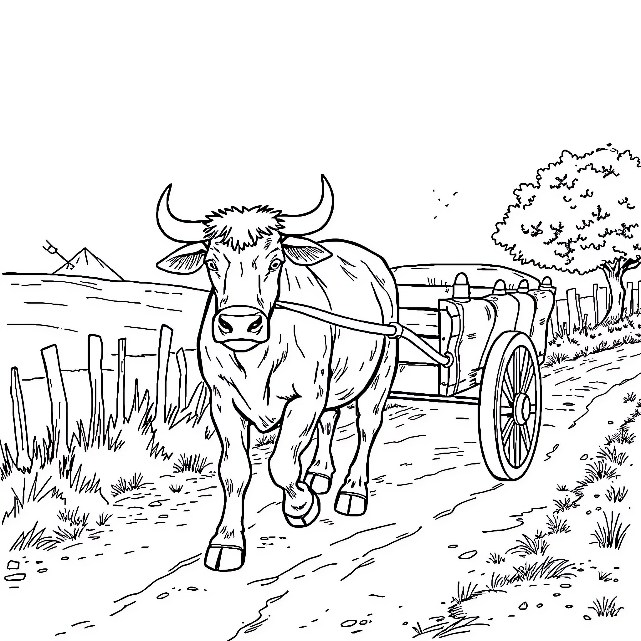 Buey pulling a cart through the countryside Coloring Page (free black-and-white line drawing printable PDF for all, from beginners to advanced learners, including children, teens, adults, and seniors)