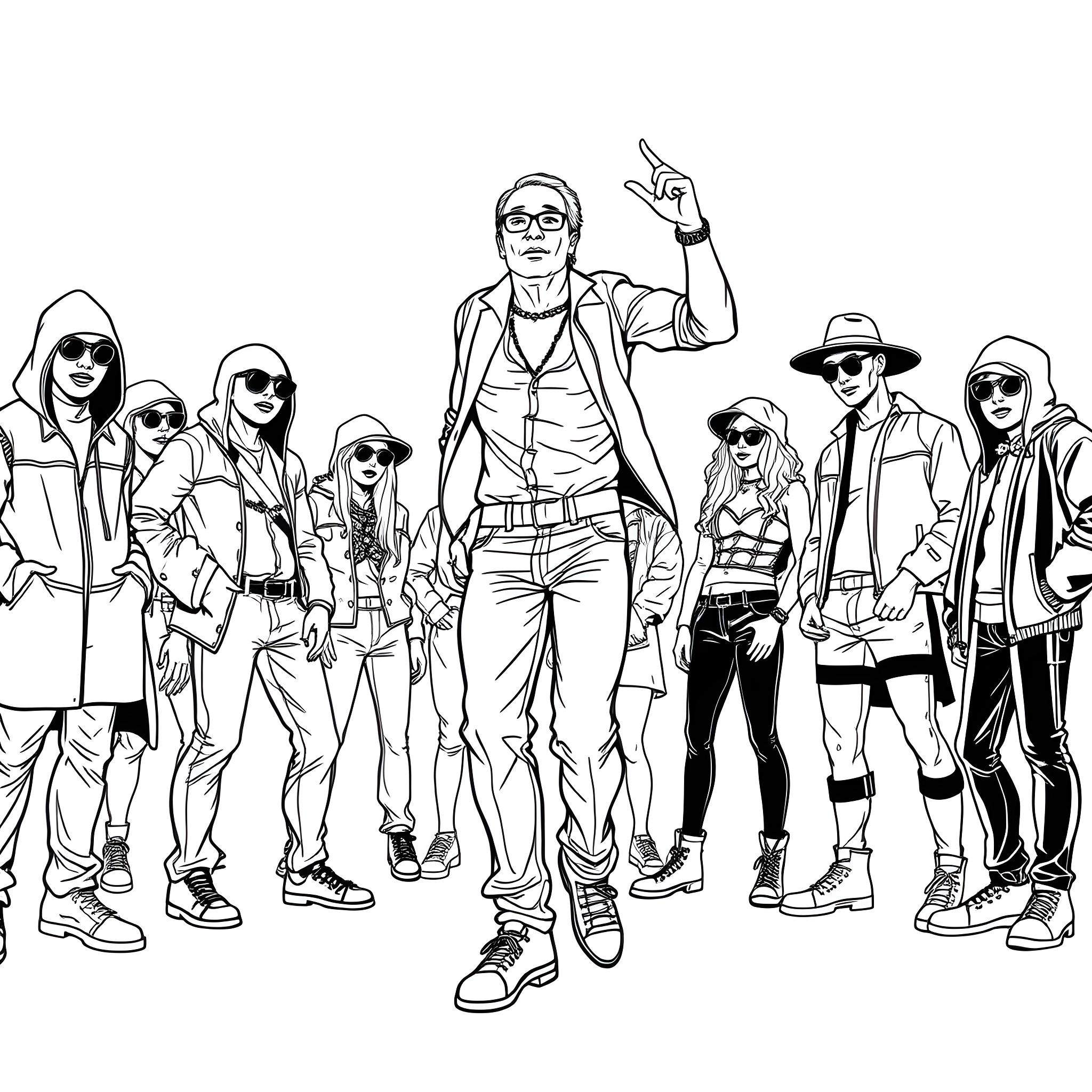Dancer leading a group of stylish individuals Coloring Page (free black-and-white line drawing printable PDF for all, from beginners to advanced learners, including children, teens, adults, and seniors)