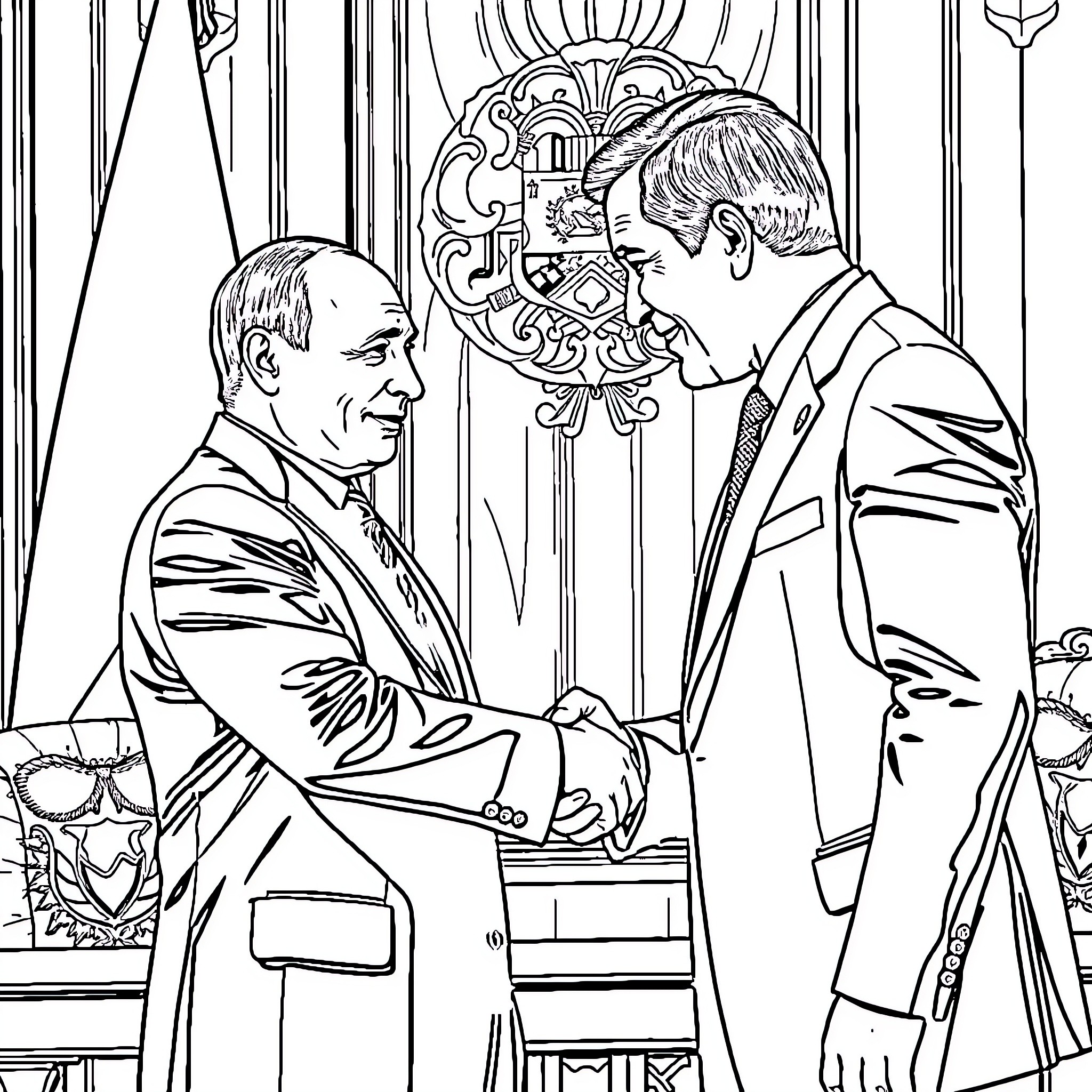 Putin's formal political meeting with official Coloring Page (free black-and-white line drawing printable PDF for all, from beginners to advanced learners, including children, teens, adults, and seniors)